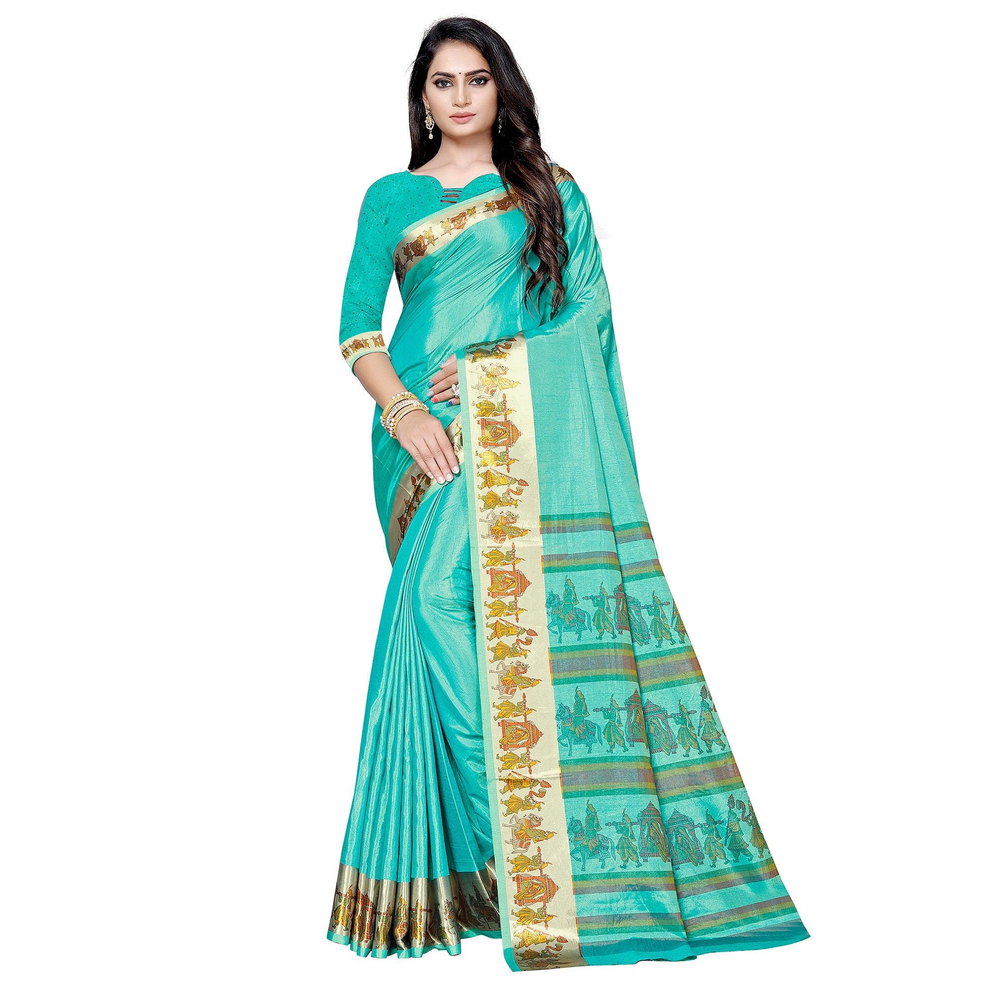 Impressive Turquoise Green Colored Casual Printed Art Silk Saree - Peachmode