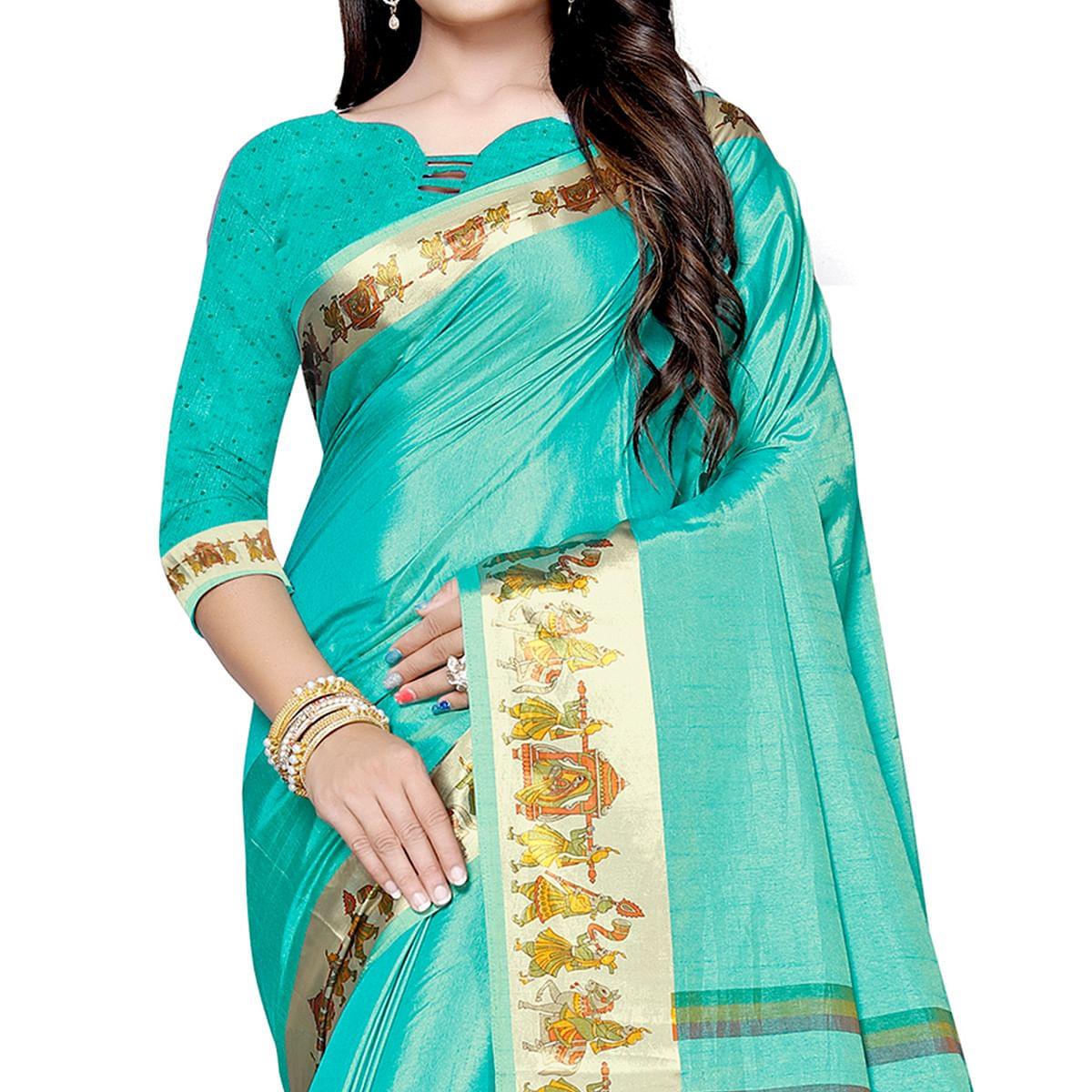 Impressive Turquoise Green Colored Casual Printed Art Silk Saree - Peachmode