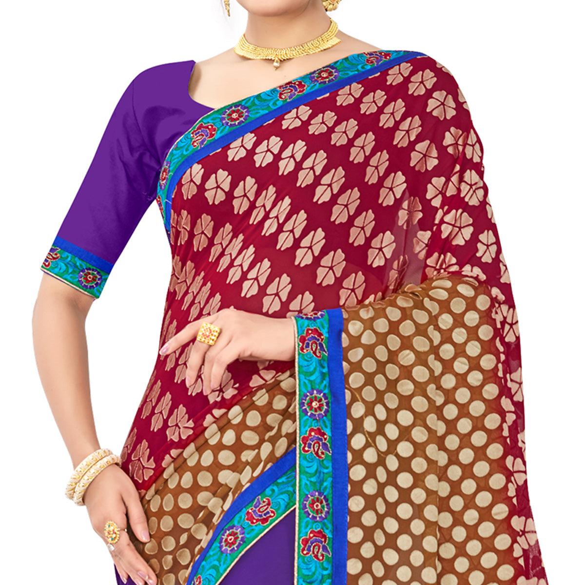 Impressive Violet-Maroon Colored Party Wear Embroidered Georgette Half-Half Saree - Peachmode