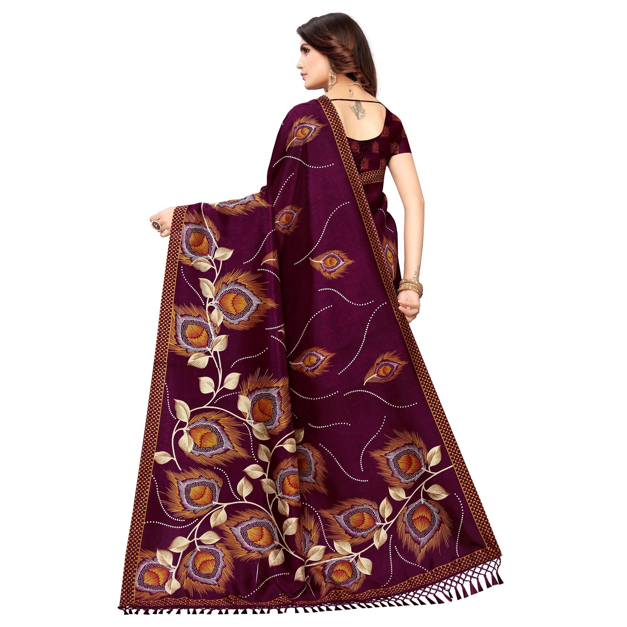 Impressive Wine Colored Festive Wear Printed Art Silk Saree - Peachmode