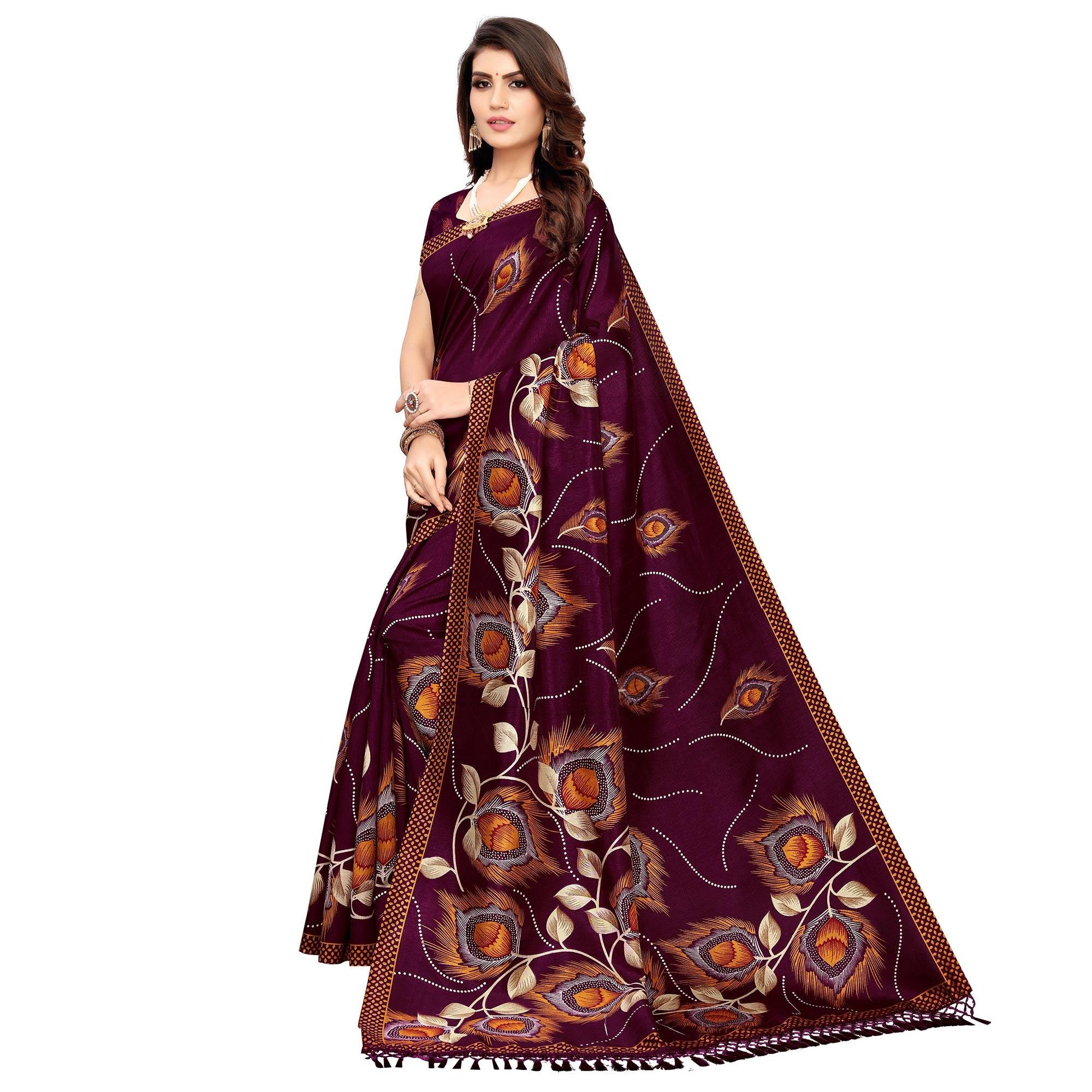 Impressive Wine Colored Festive Wear Printed Art Silk Saree - Peachmode