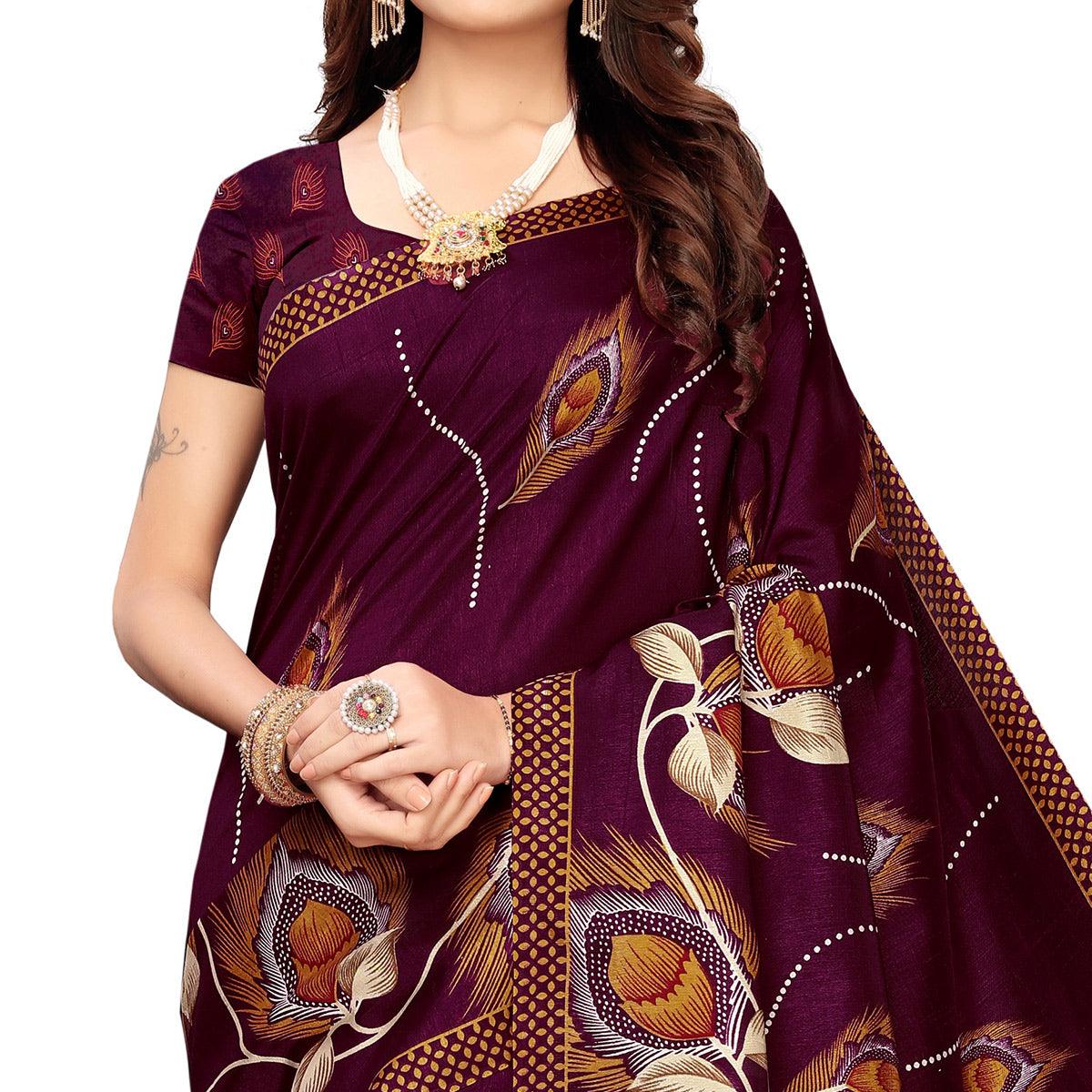 Impressive Wine Colored Festive Wear Printed Art Silk Saree - Peachmode