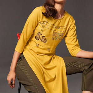 Impressive Yellow Colored Casual Wear Cotton Kurti With Bottom - Peachmode