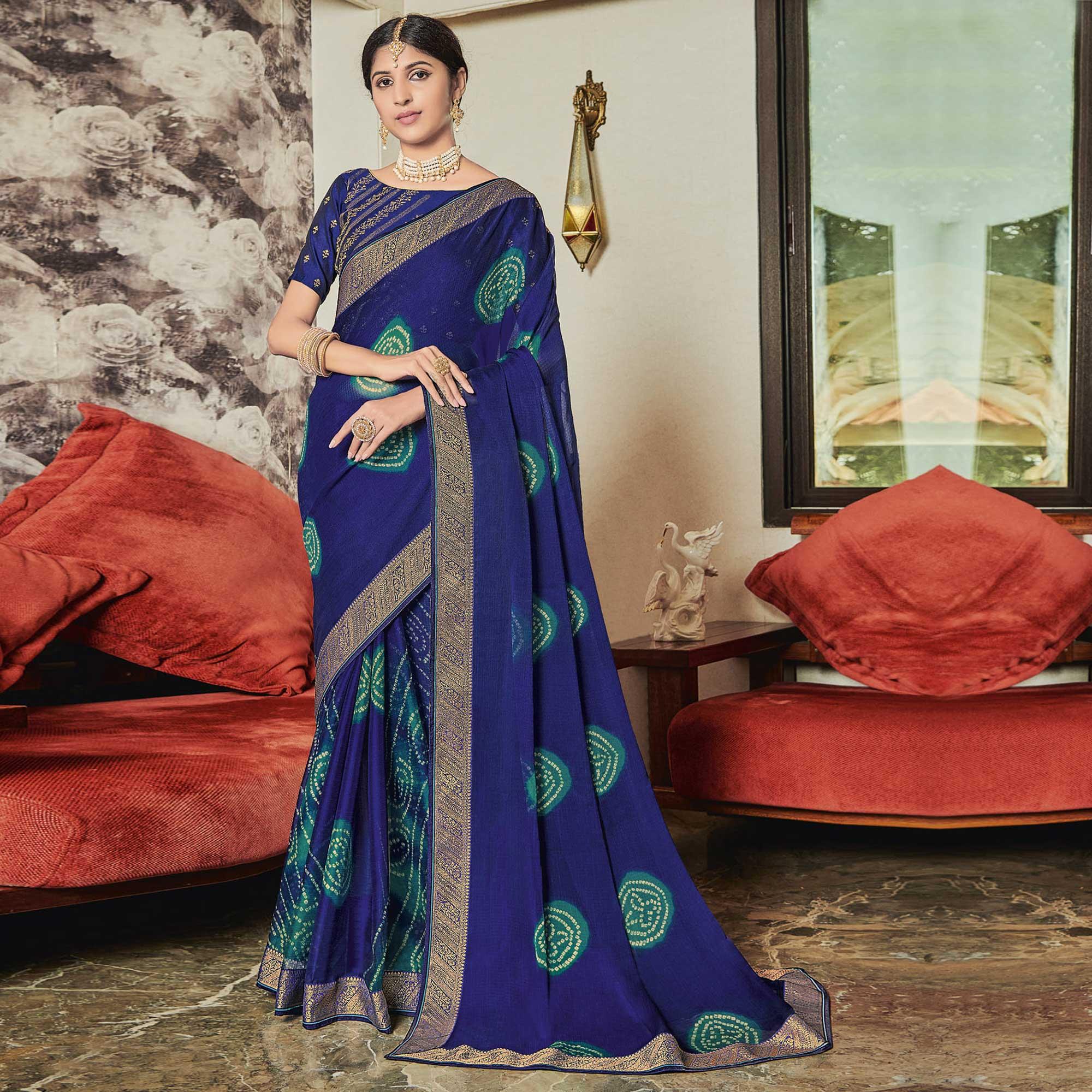 Indigo Blue Casual Wear Bandhani Printed Chiffon Saree - Peachmode