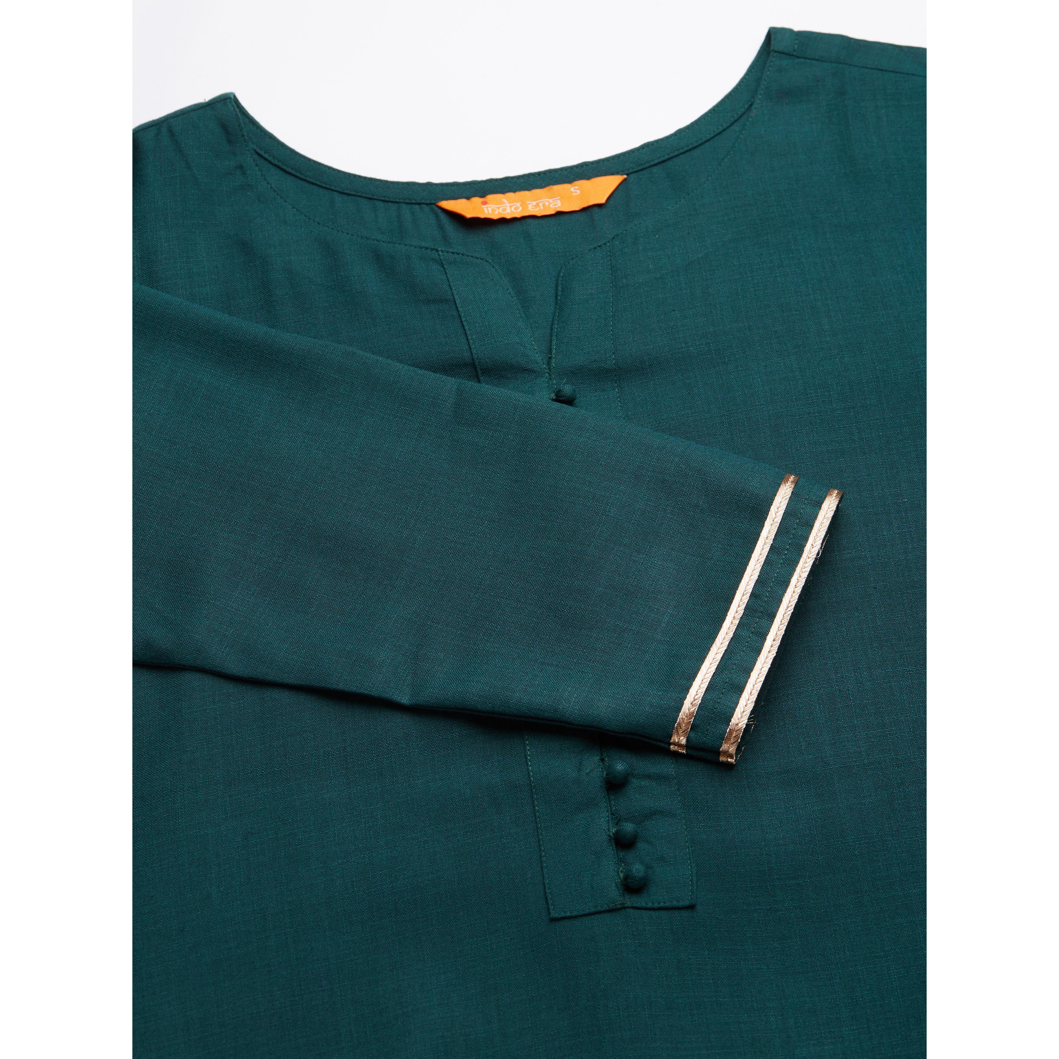 Indo Era - Green Solid Straight Kurta Palazzo with Dupatta Set - Peachmode