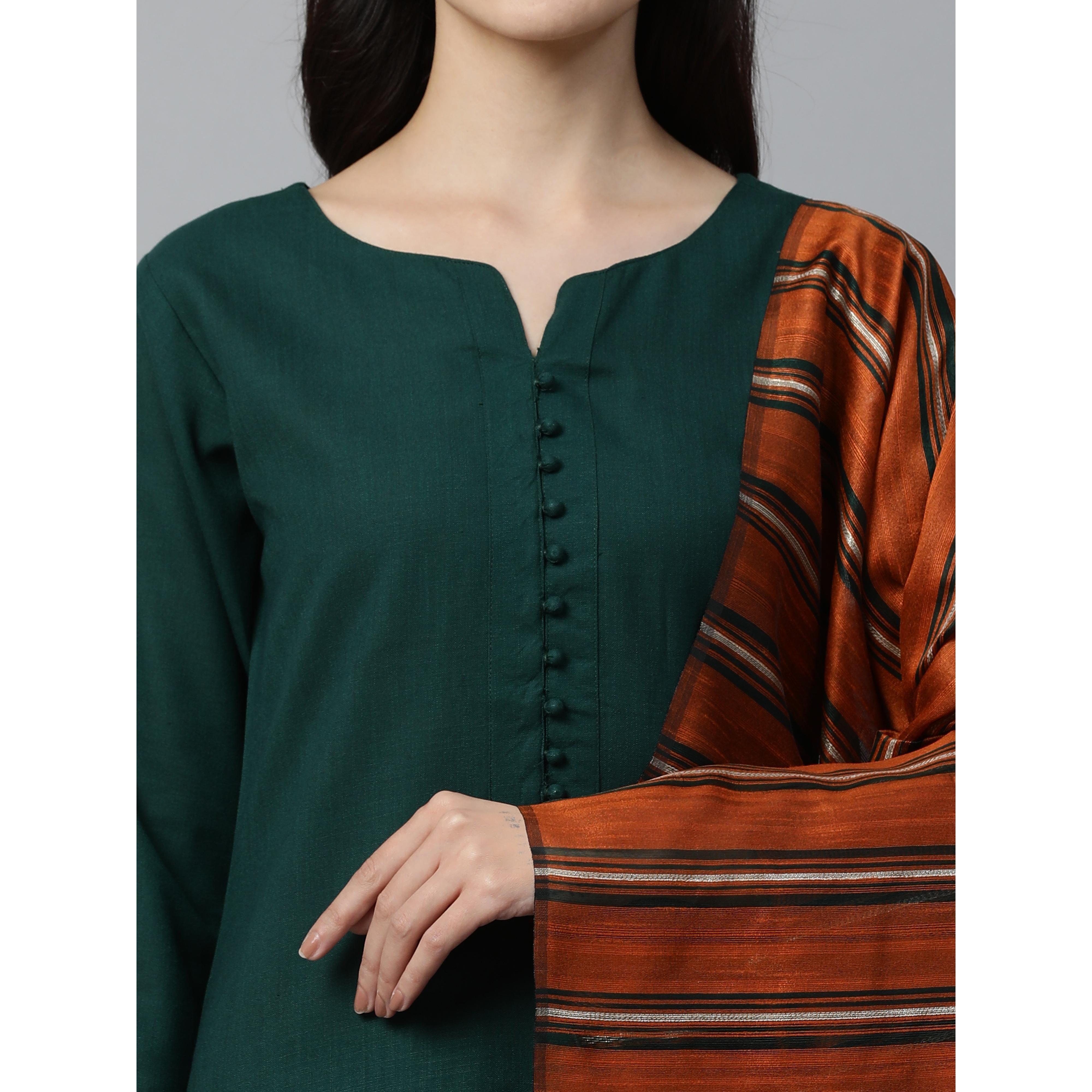 Indo Era - Green Solid Straight Kurta Palazzo with Dupatta Set - Peachmode