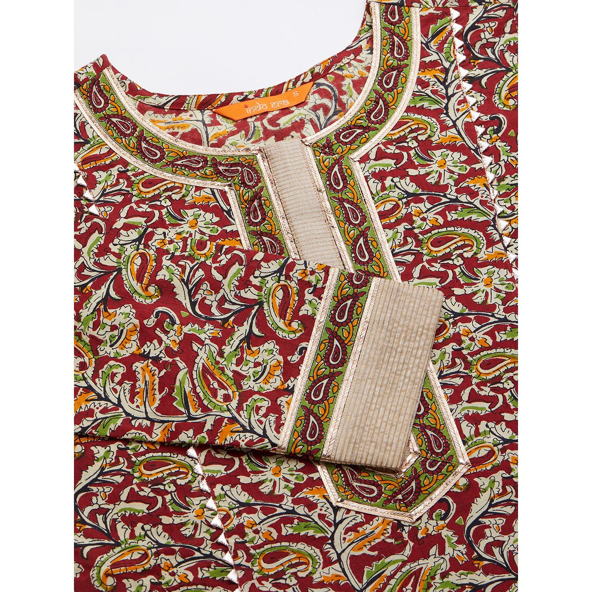 Indo Era - Maroon Printed Straight Kurta Palazzo with Dupatta Sets - Peachmode