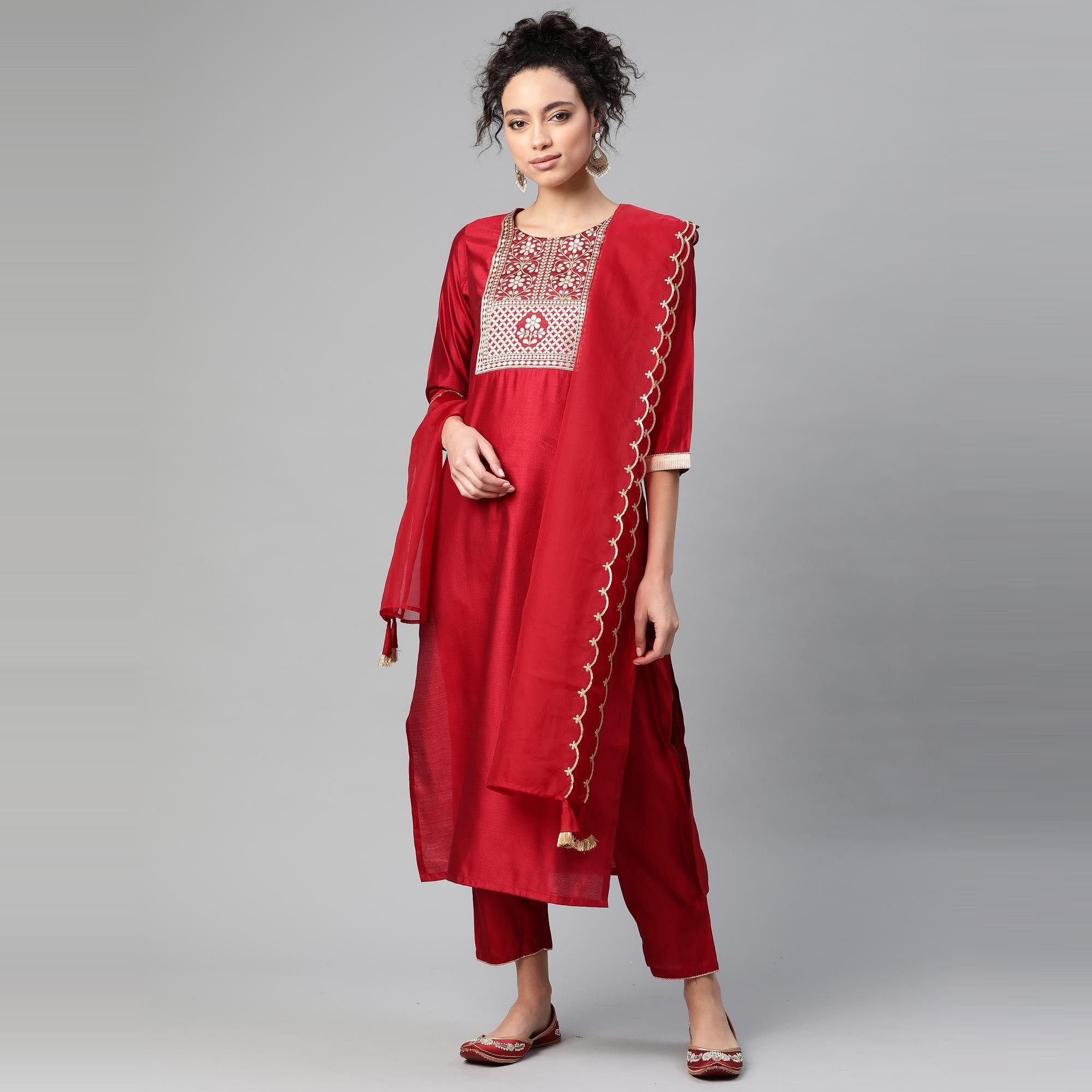 Indo Era - Red Solid Straight Kurta Trouser Set with Dupatta - Peachmode