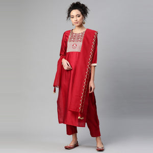 Indo Era - Red Solid Straight Kurta Trouser Set with Dupatta - Peachmode