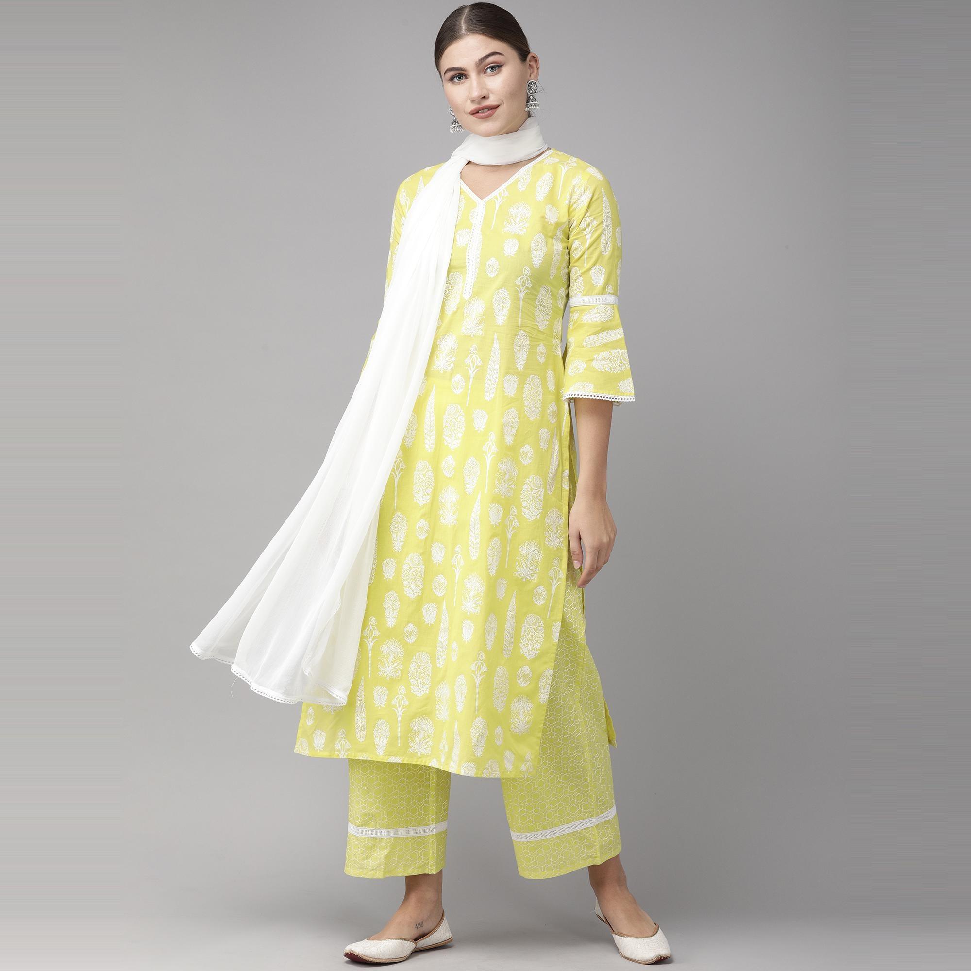 Indo Era Yellow Foil Printed Straight Pure Cotton Kurta Palazzo with Dupatta Set - Peachmode