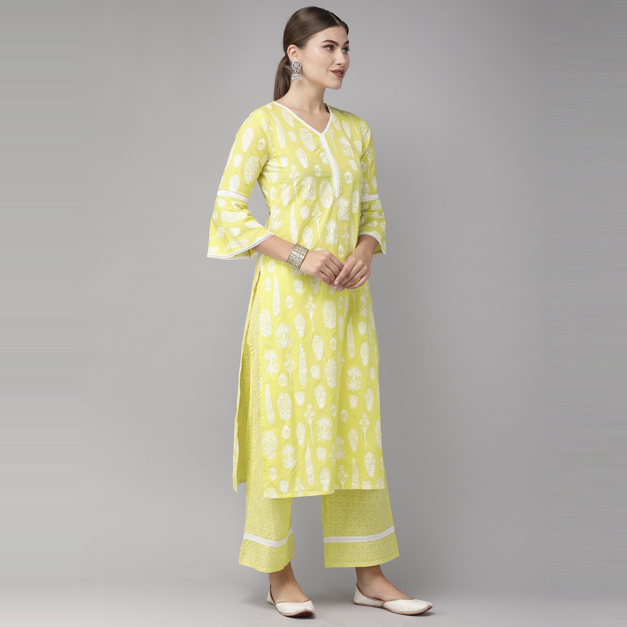 Indo Era Yellow Foil Printed Straight Pure Cotton Kurta Palazzo with Dupatta Set - Peachmode