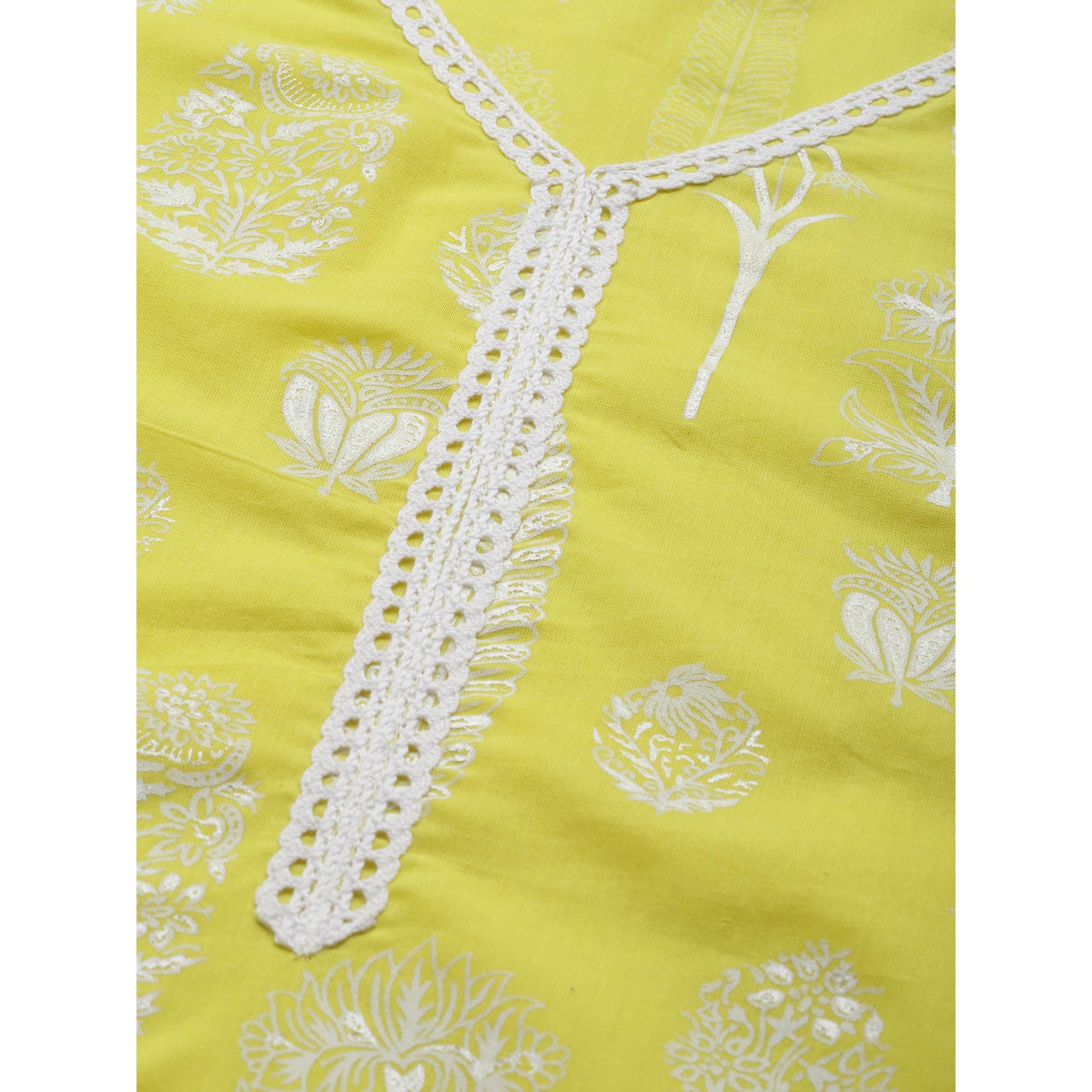 Indo Era Yellow Foil Printed Straight Pure Cotton Kurta Palazzo with Dupatta Set - Peachmode