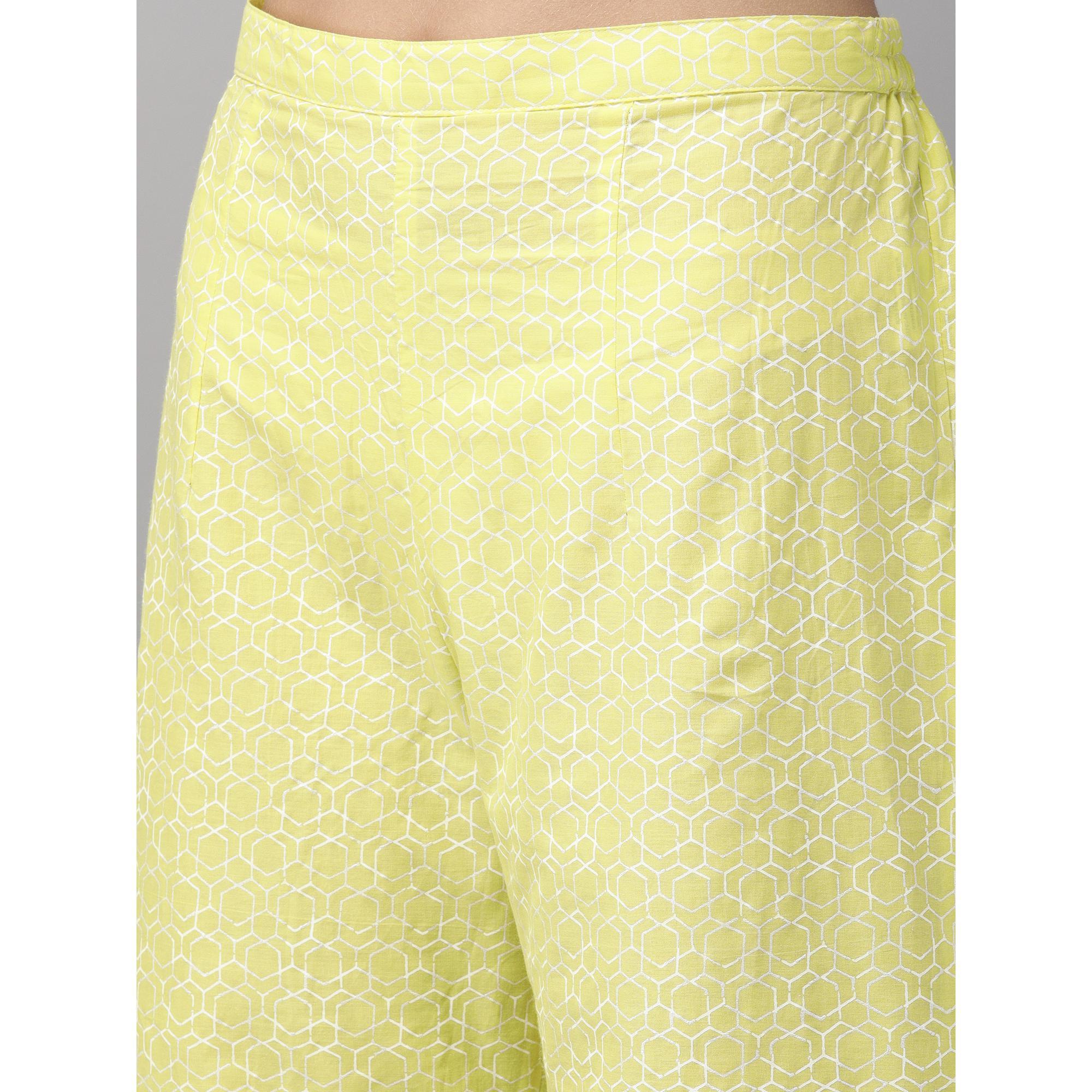 Indo Era Yellow Foil Printed Straight Pure Cotton Kurta Palazzo with Dupatta Set - Peachmode