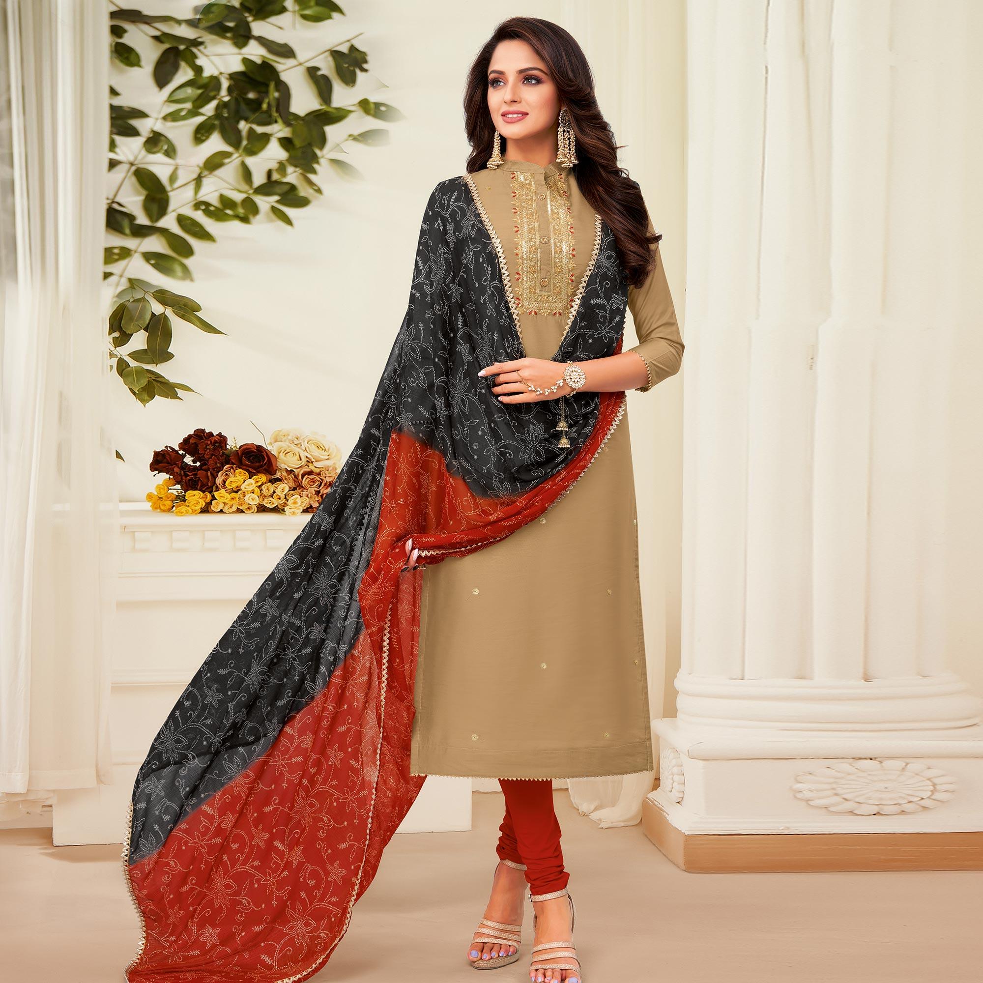 Innovative Beige Colored Casual Wear Embroidered Chanderi Dress Material - Peachmode