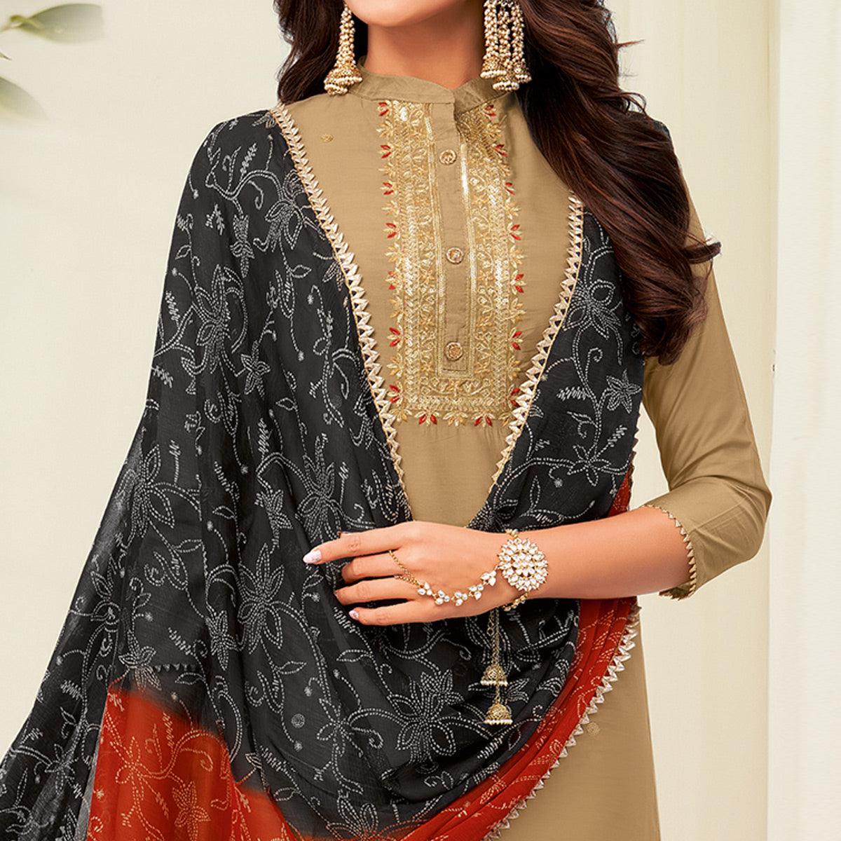 Innovative Beige Colored Casual Wear Embroidered Chanderi Dress Material - Peachmode