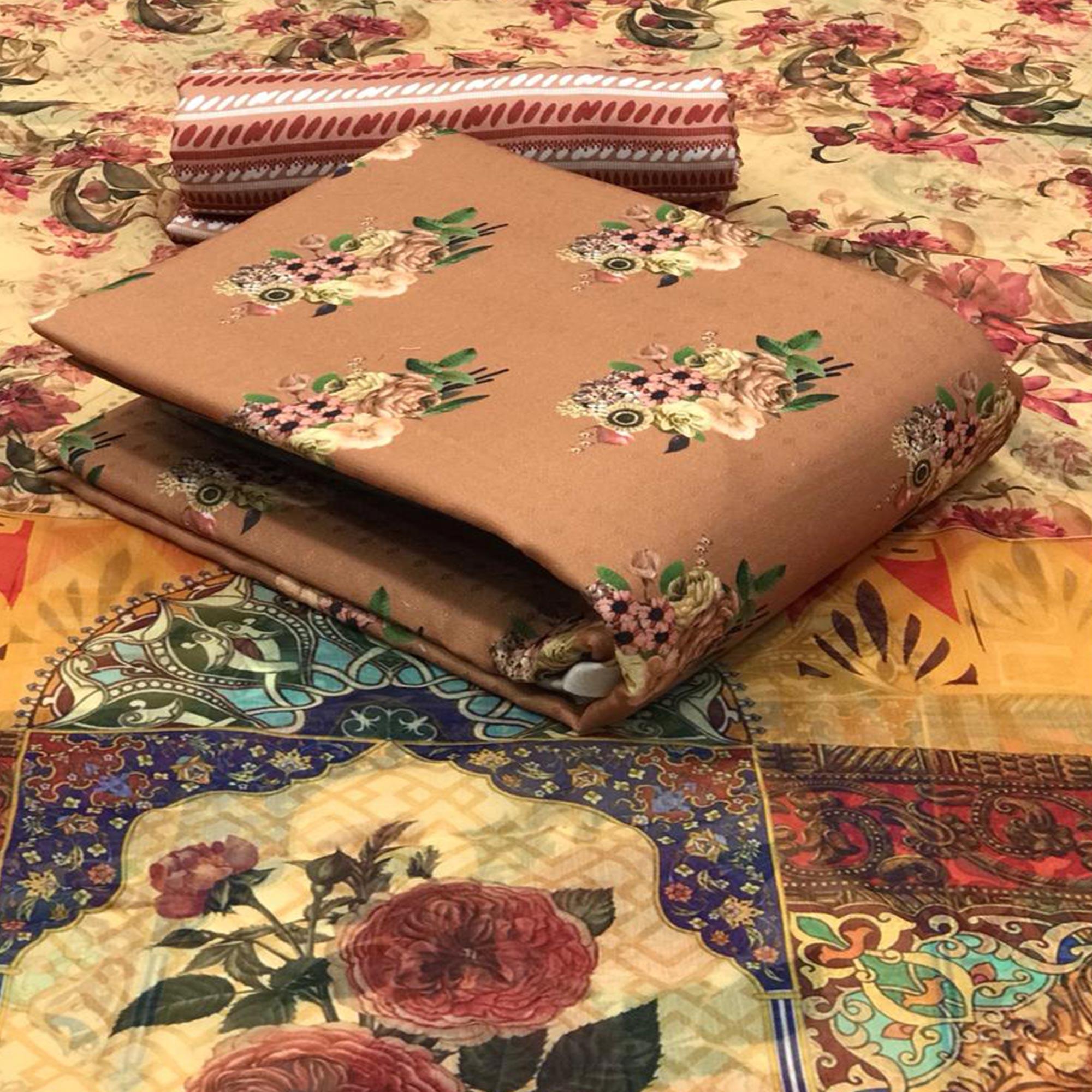 Innovative Beige Colored Casual Wear Printed Pashmina Dress Material - Peachmode