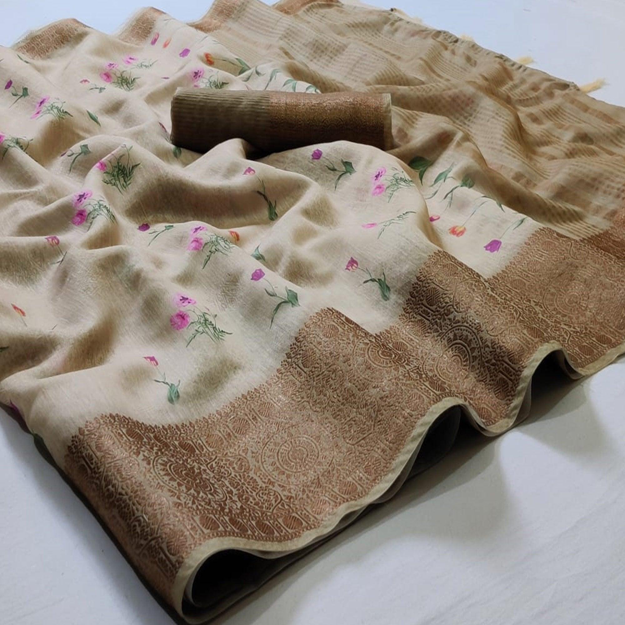 Innovative Beige Colored Festive Wear Woven Banarasi Silk Saree - Peachmode