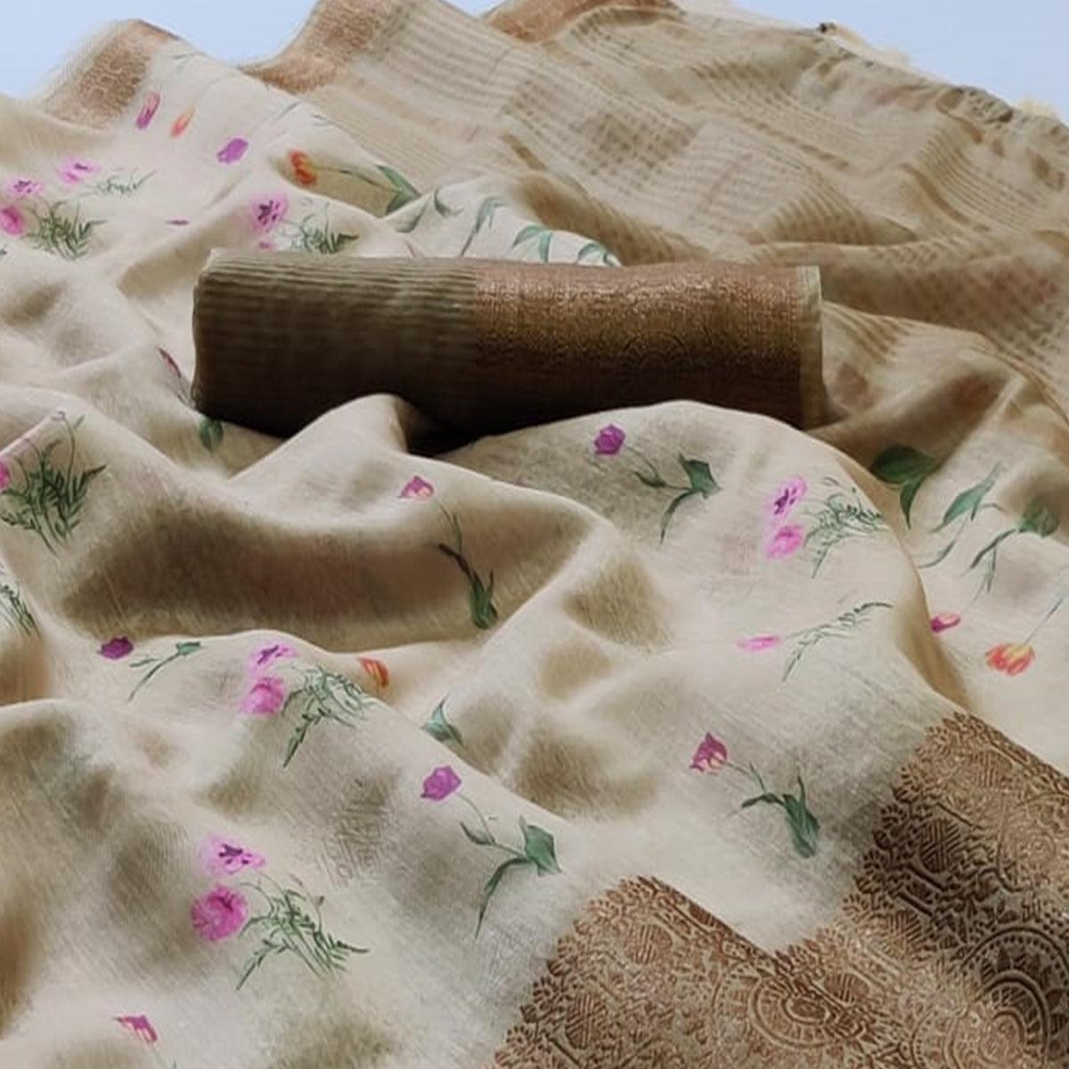 Innovative Beige Colored Festive Wear Woven Banarasi Silk Saree - Peachmode