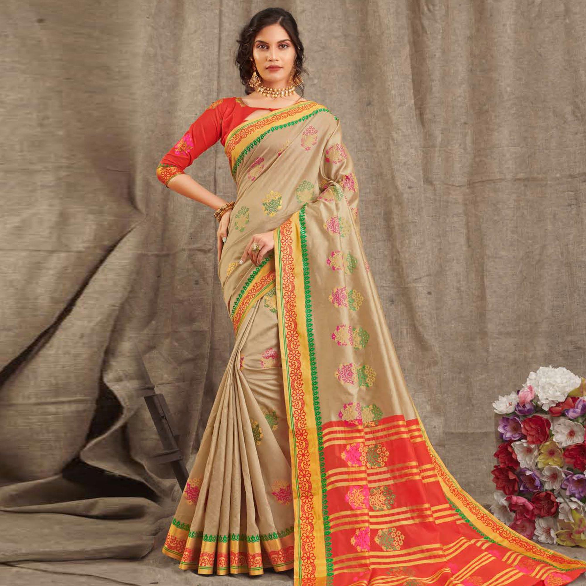 Innovative Beige Colored Festive Wear Woven Cotton Handloom Saree - Peachmode