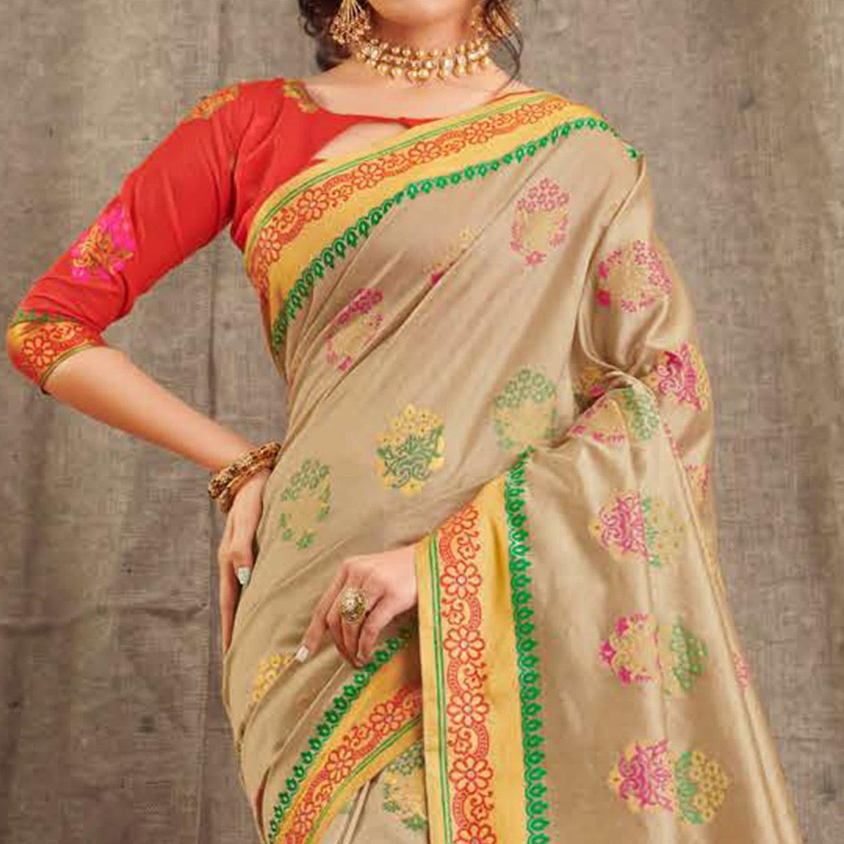 Innovative Beige Colored Festive Wear Woven Cotton Handloom Saree - Peachmode