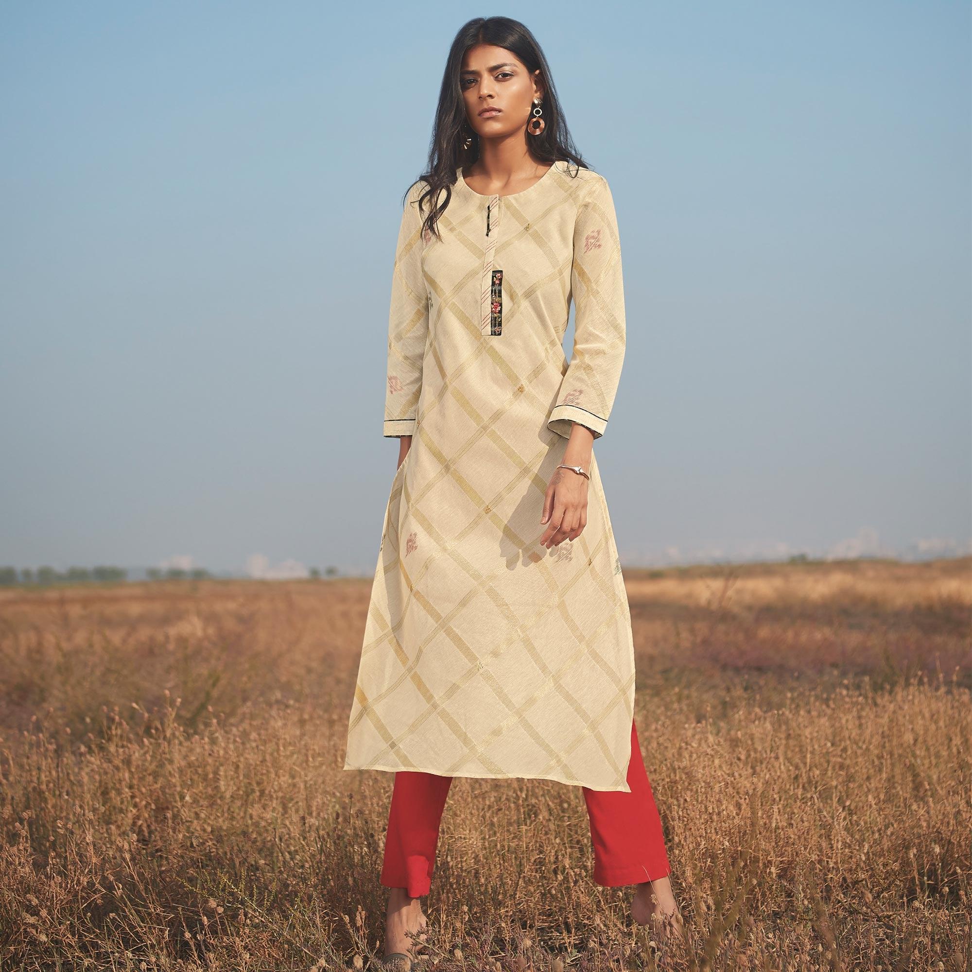 Innovative Beige Colored Party Wear Handwork Handloom Cotton Kurti-Pant Set - Peachmode