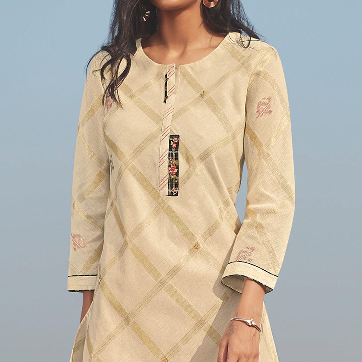 Innovative Beige Colored Party Wear Handwork Handloom Cotton Kurti-Pant Set - Peachmode