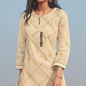 Innovative Beige Colored Party Wear Handwork Handloom Cotton Kurti-Pant Set - Peachmode
