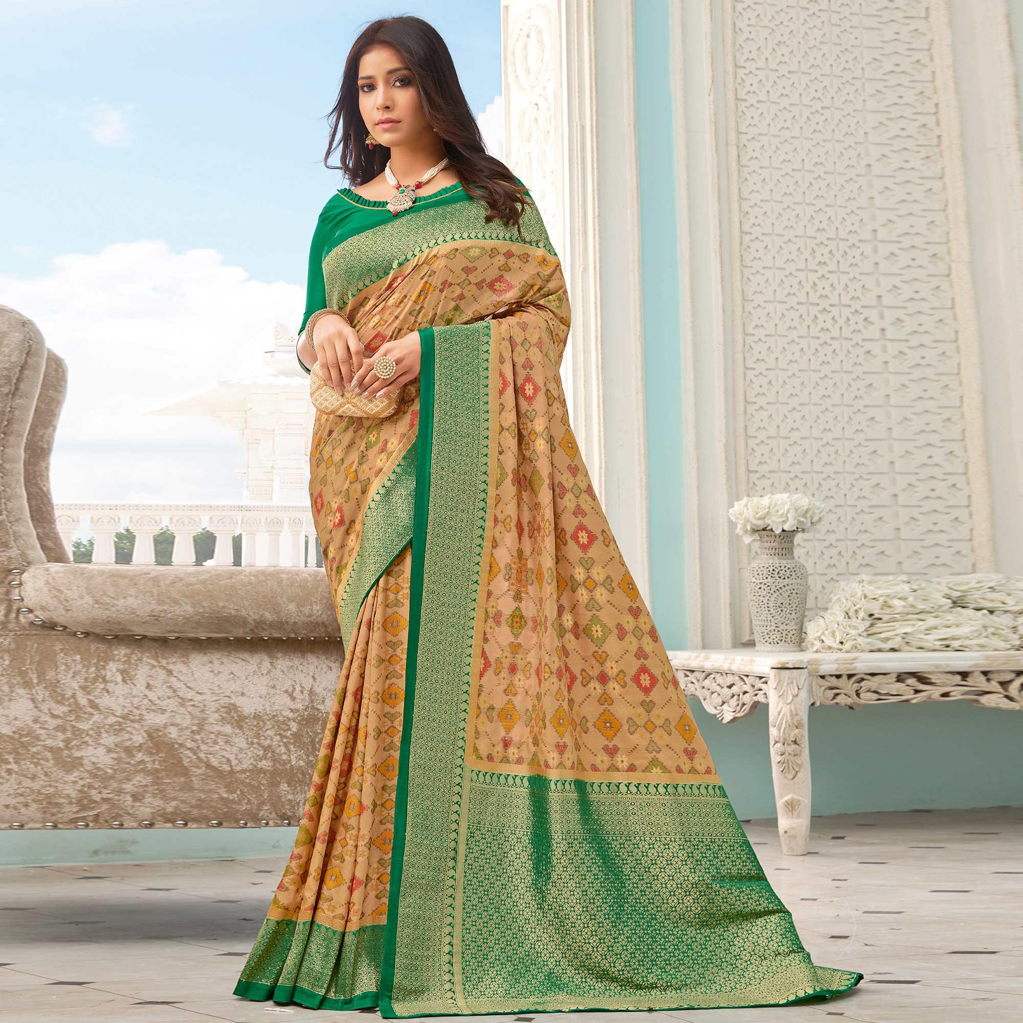 Innovative Beige - Green Colored Festive Wear Woven Pure Handloom Silk Saree - Peachmode