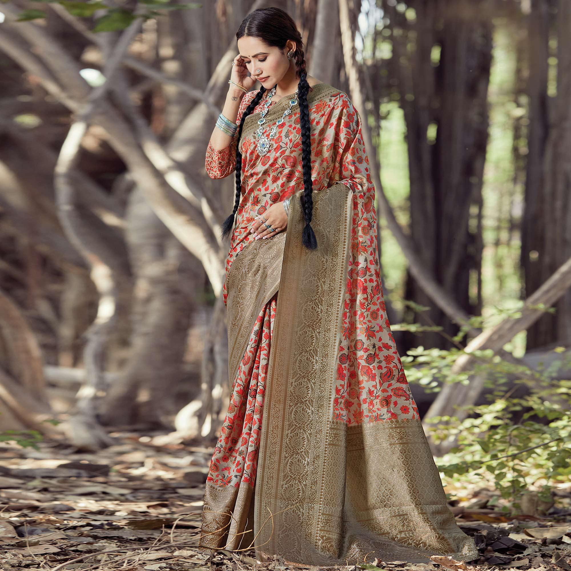Innovative Beige - Red Colored Festive Wear Digital Printed Silk Saree - Peachmode
