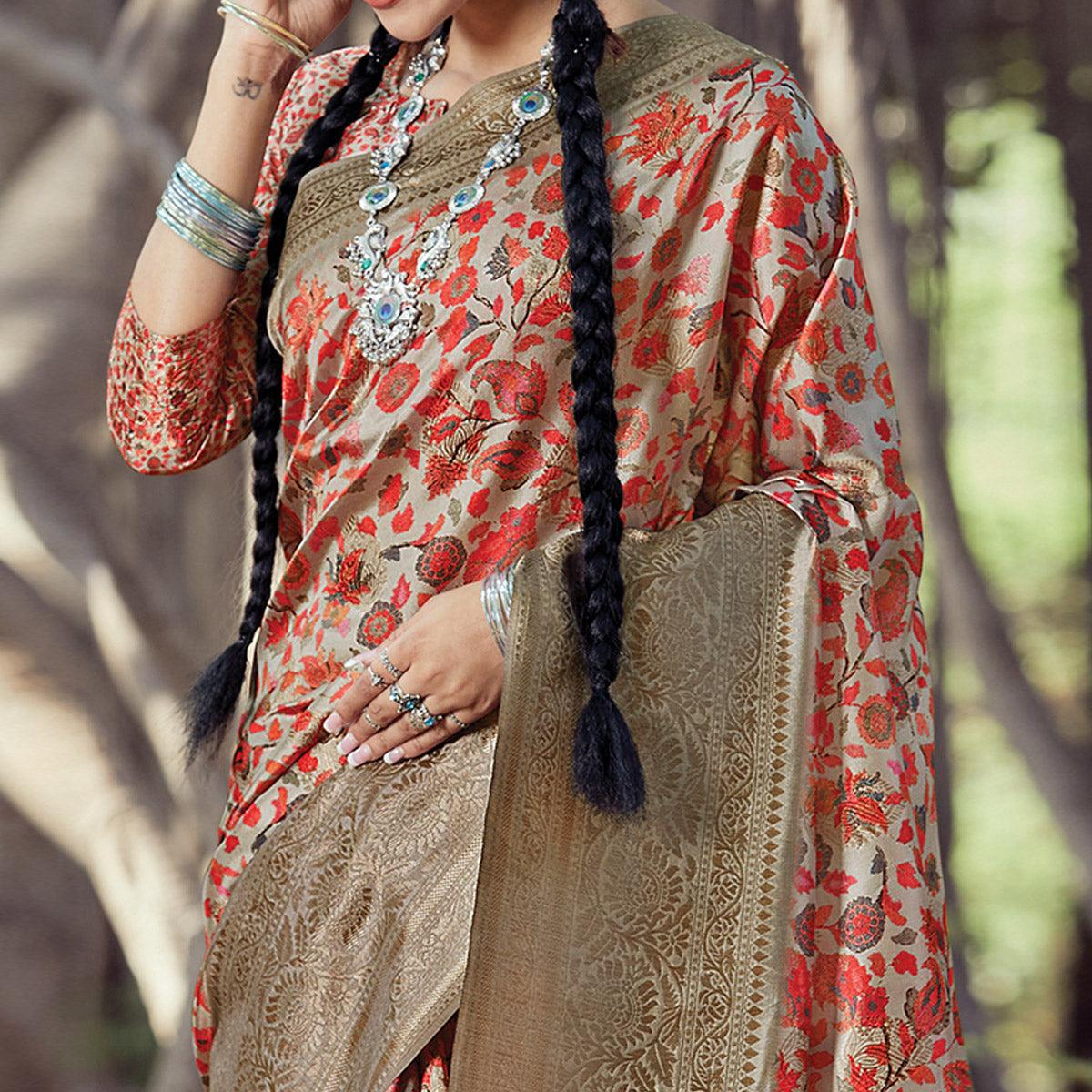 Innovative Beige - Red Colored Festive Wear Digital Printed Silk Saree - Peachmode