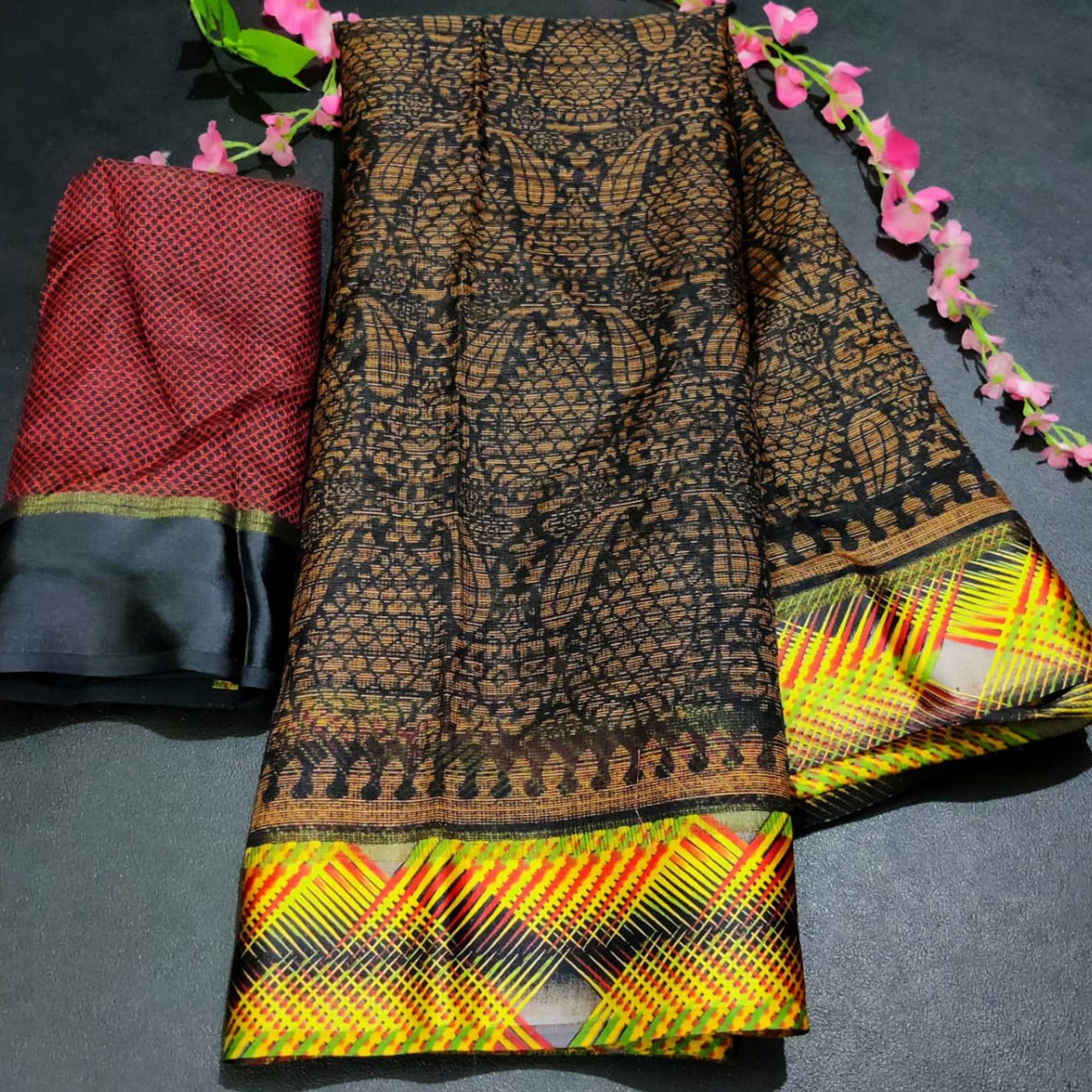Innovative Black Colored Casual Wear Printed Silk Saree - Peachmode