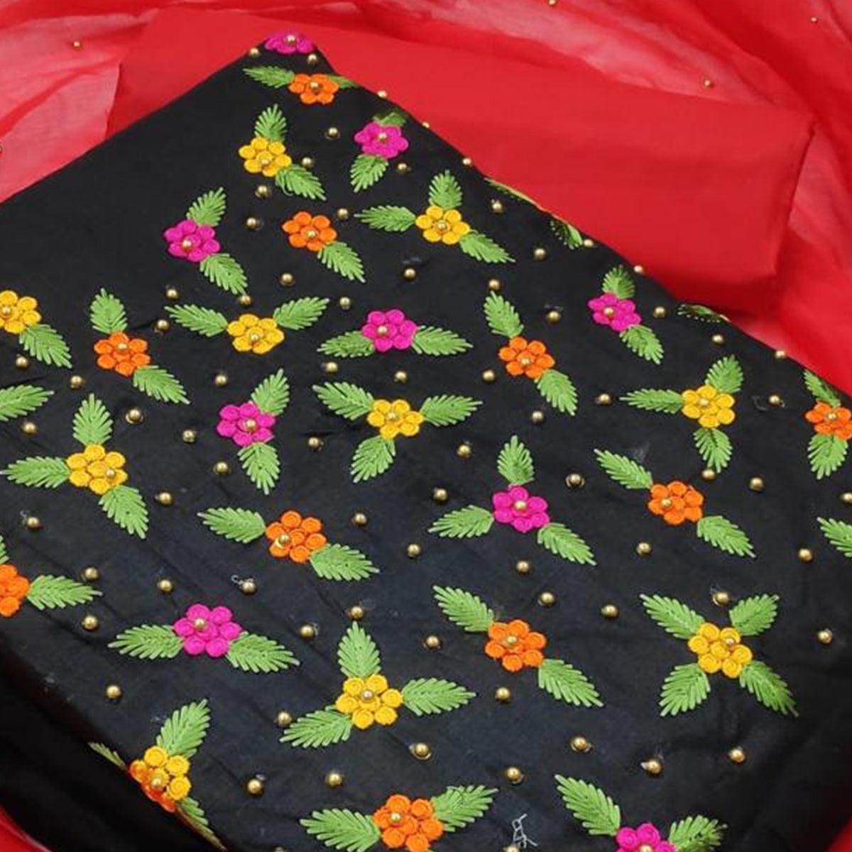 Innovative Black - Red Colored Casual Wear Embroidered Cotton Dress Material - Peachmode