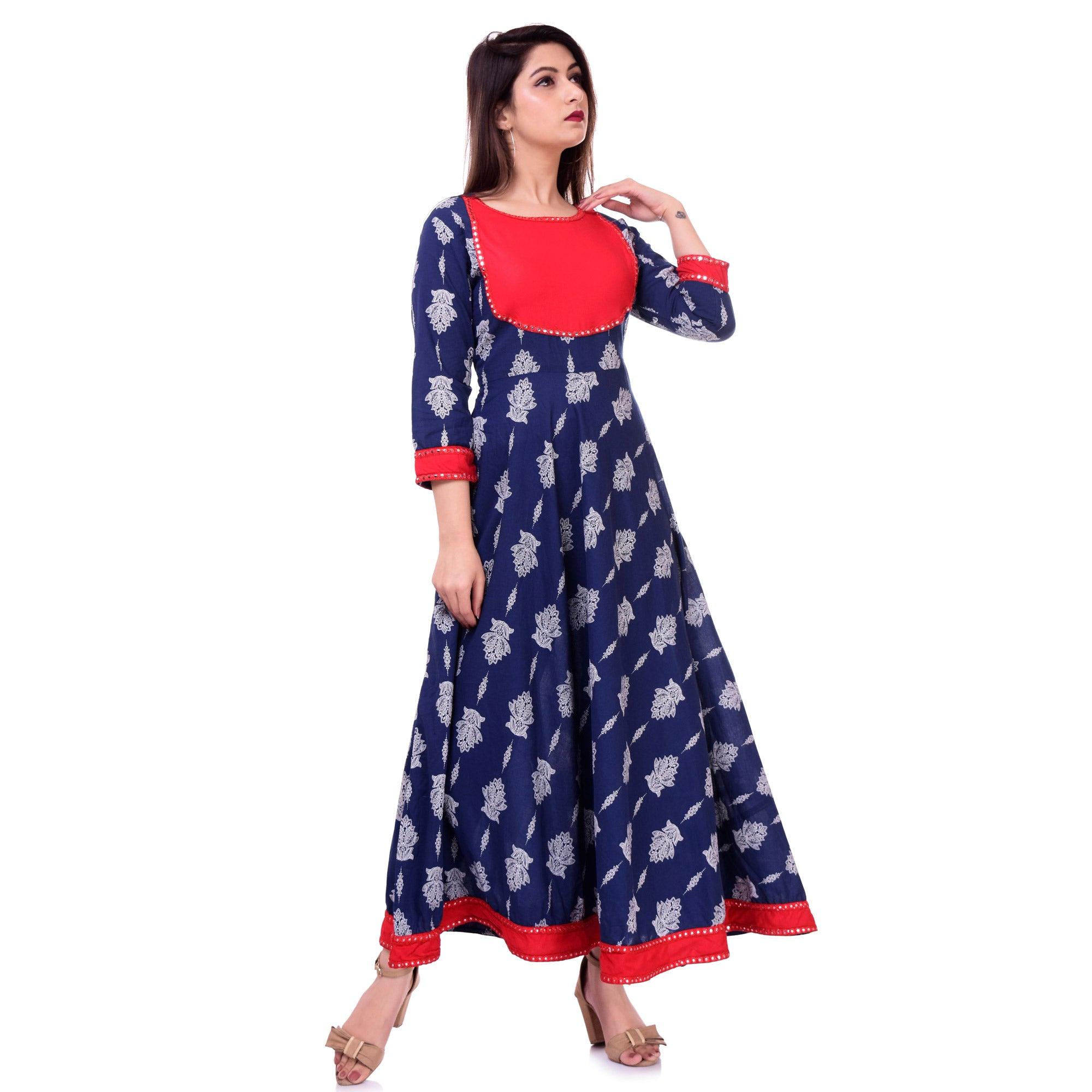 Innovative Blue Colored Casual Wear Floral Printed Cotton Kurti - Peachmode