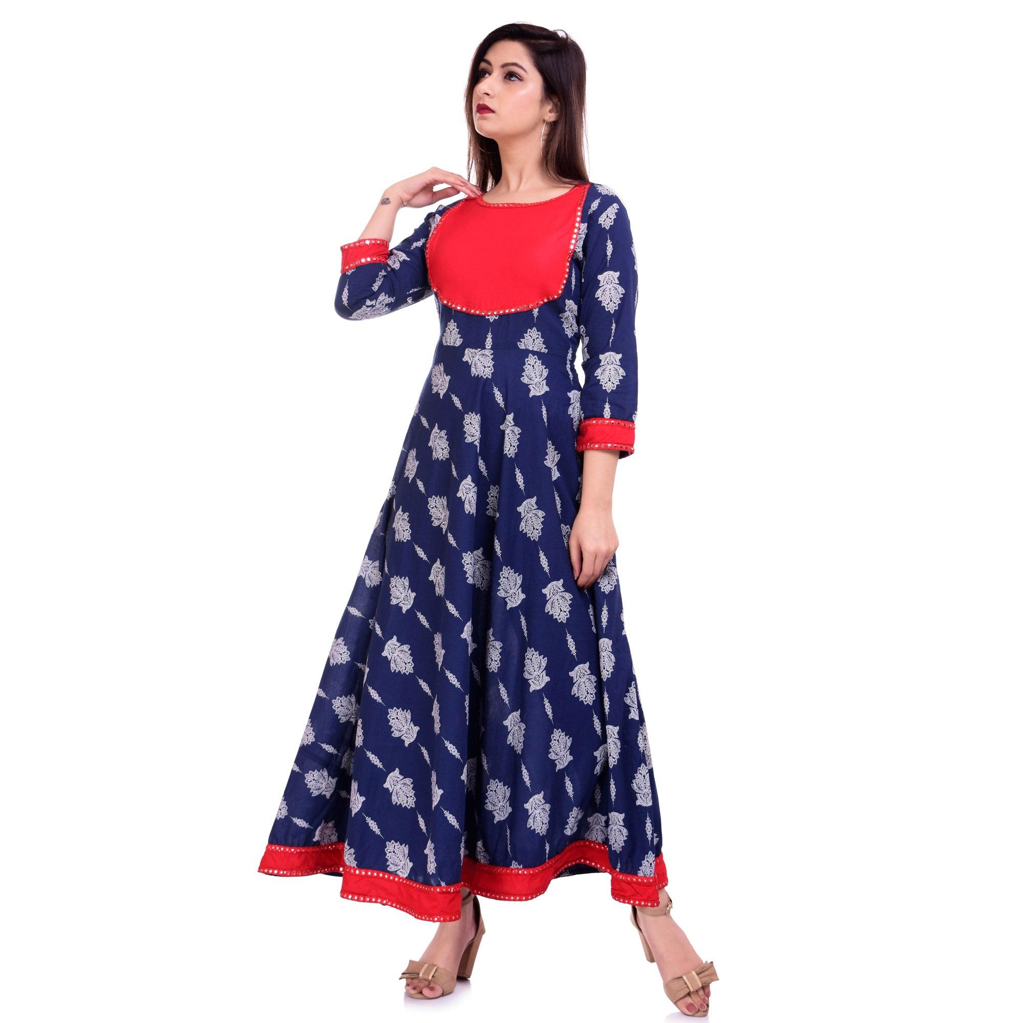 Innovative Blue Colored Casual Wear Floral Printed Cotton Kurti - Peachmode