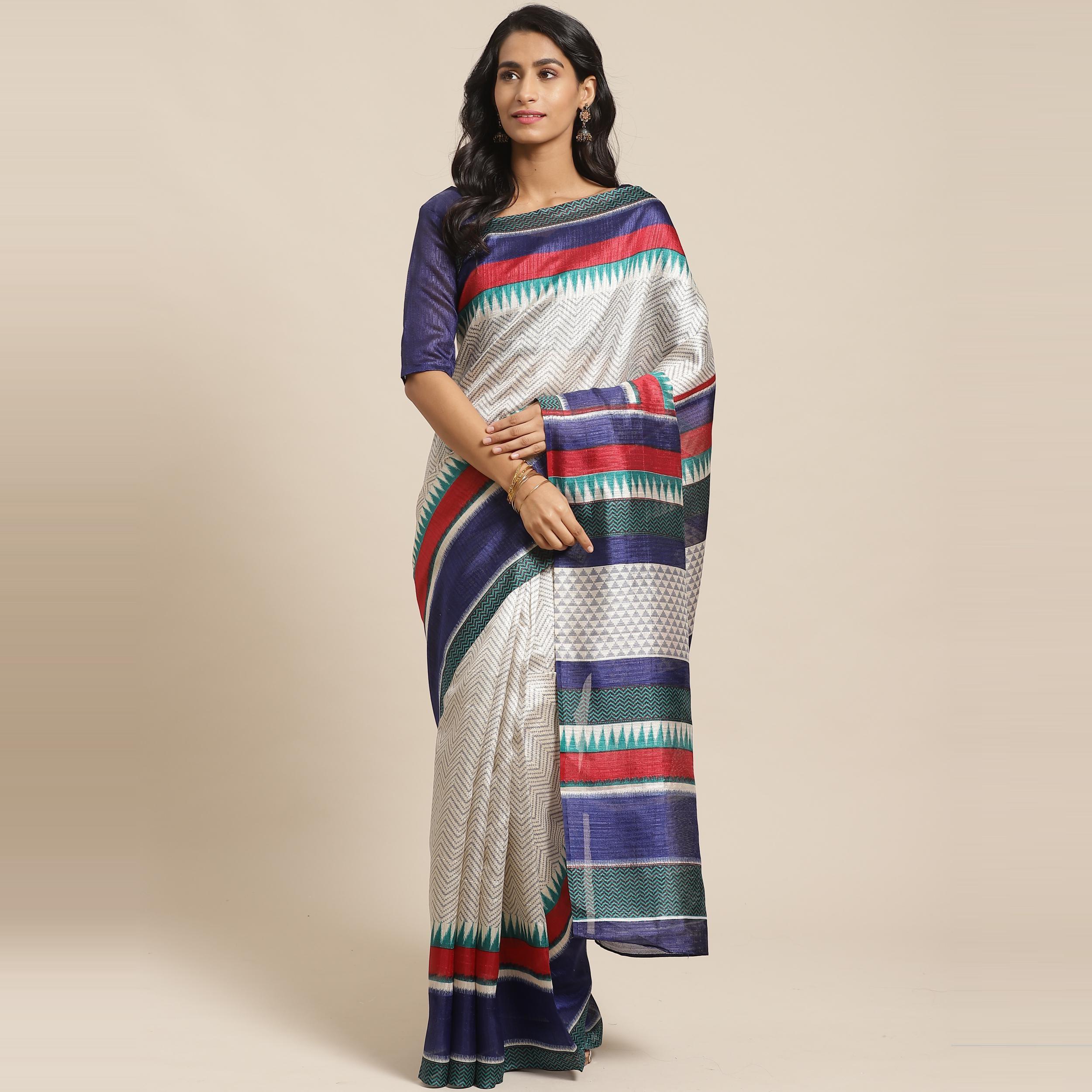 Innovative Cream Colored Casual Wear Printed Art Silk Saree - Peachmode