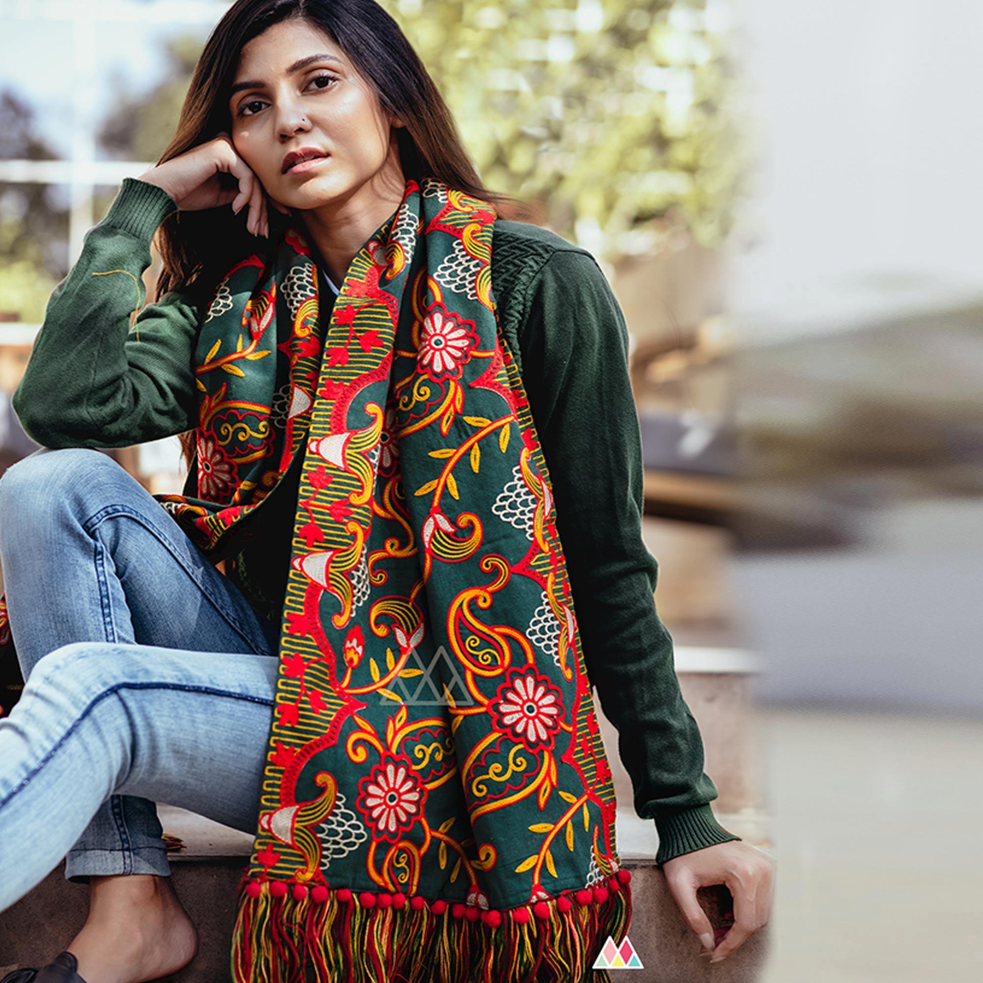 Innovative Dark Green Colored Embroidered Khadi Muffler Stole - Peachmode