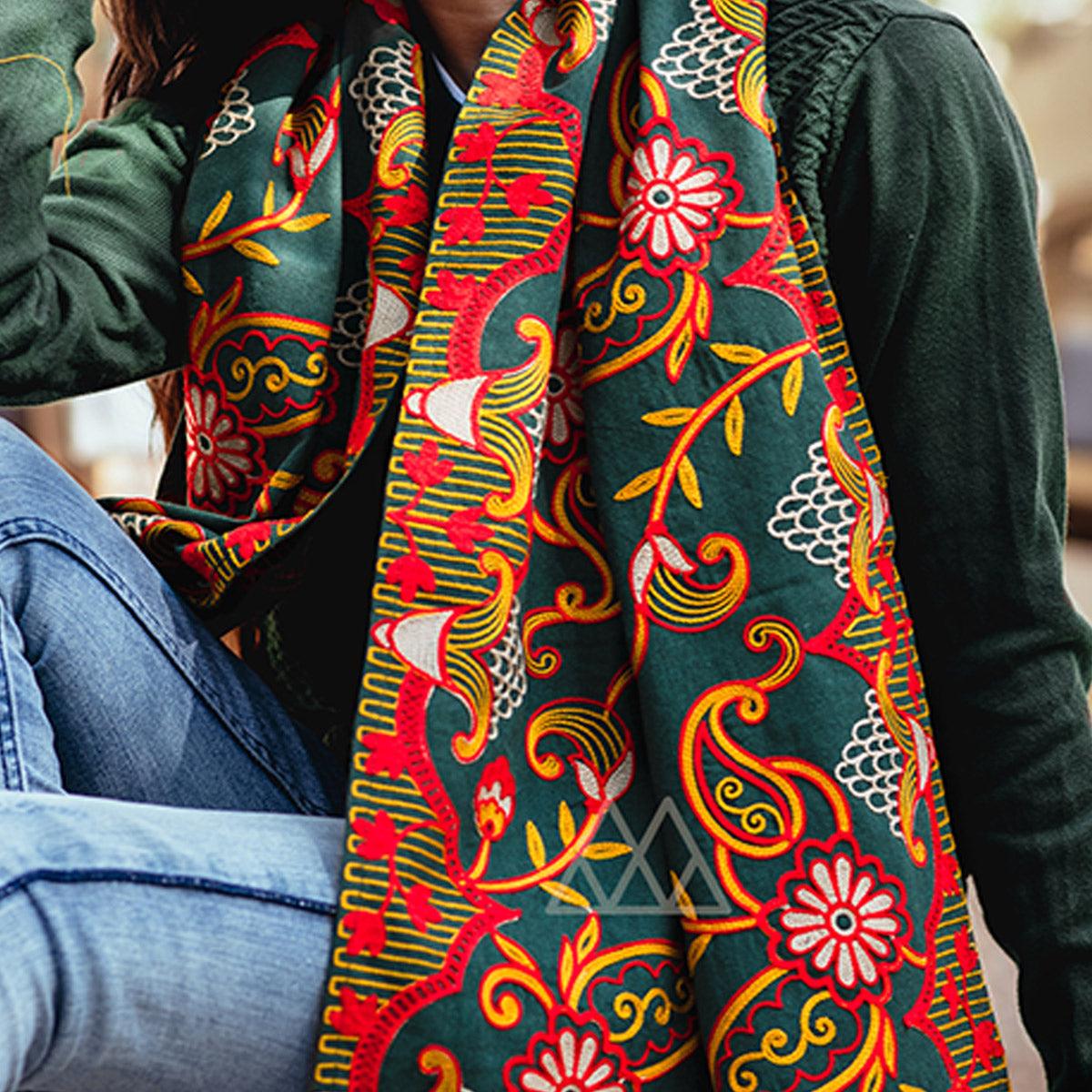 Innovative Dark Green Colored Embroidered Khadi Muffler Stole - Peachmode