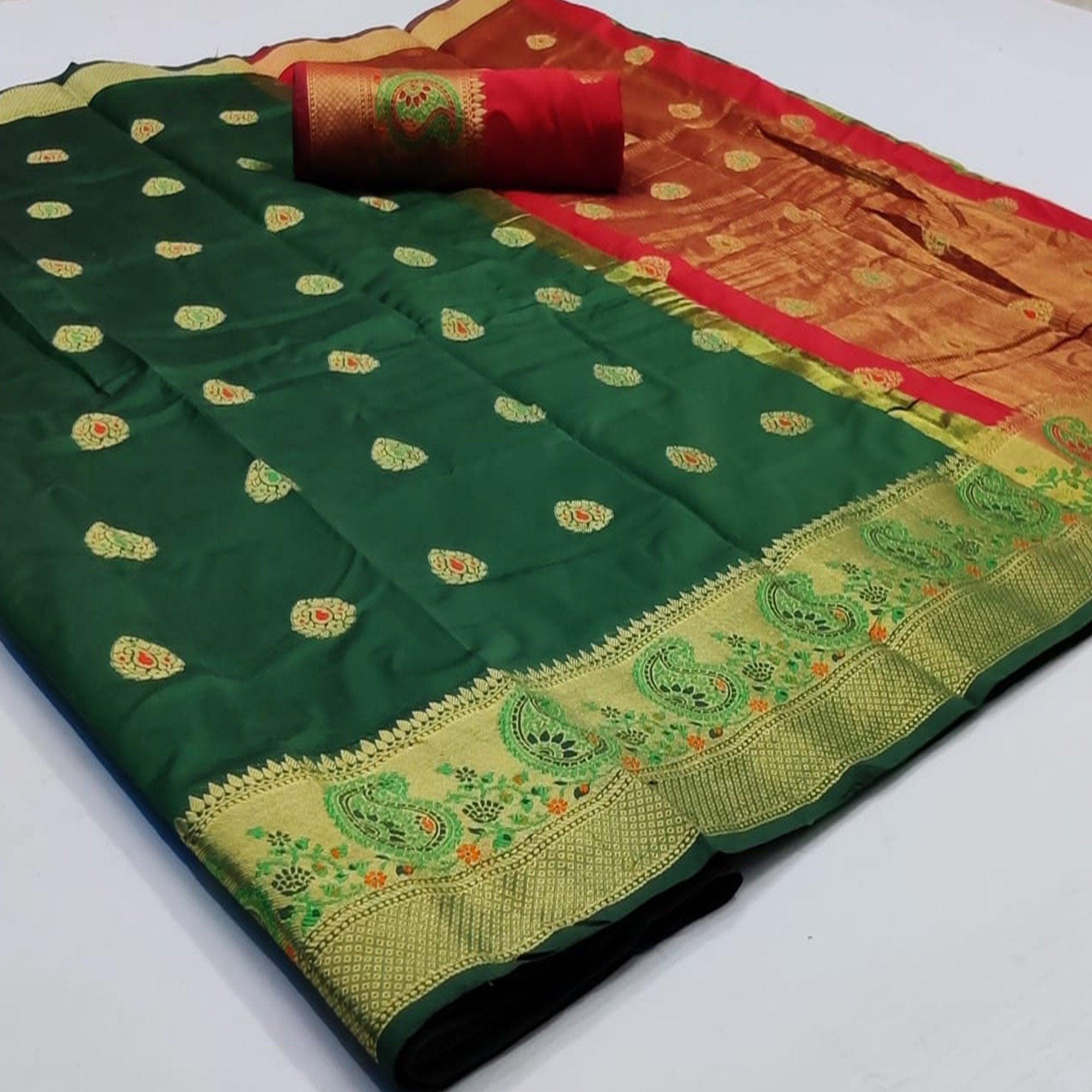 Innovative Dark Green Colored Festive Wear Woven Soft Silk Saree - Peachmode