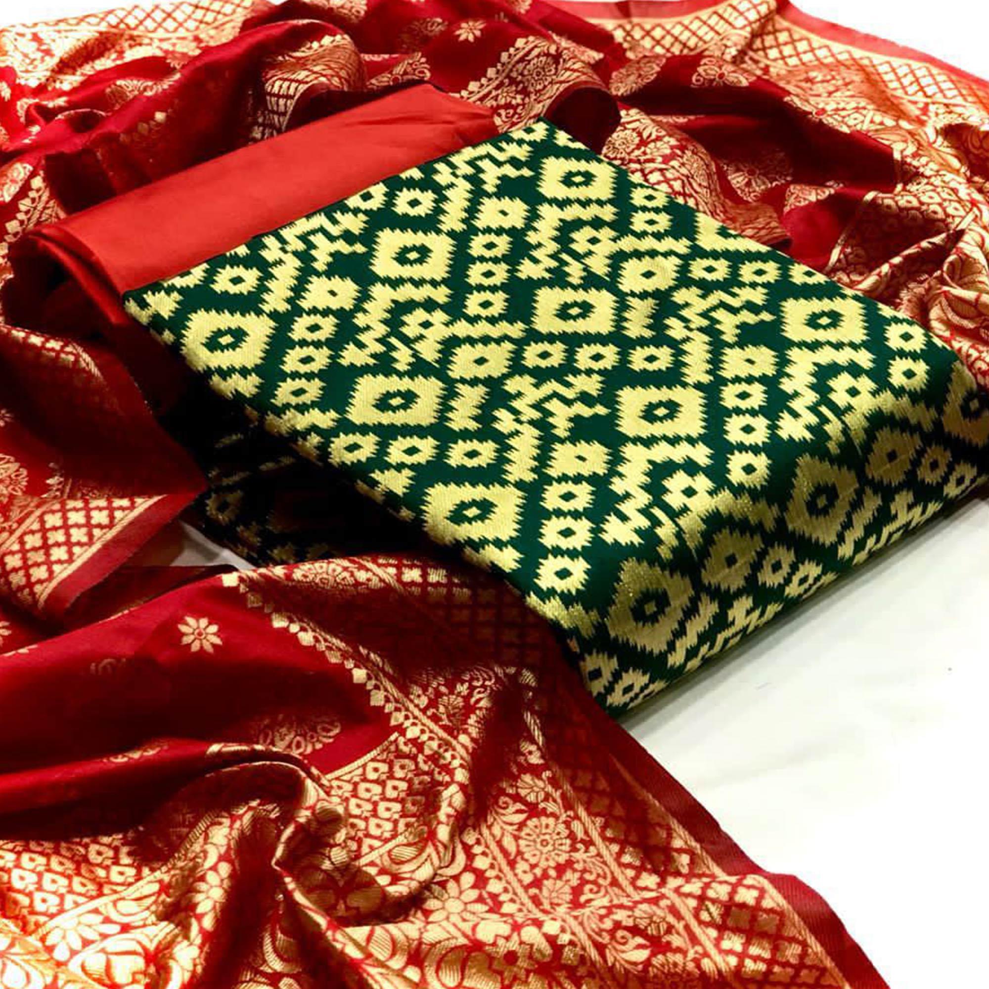 Innovative Green Colored Casual Wear Banarasi Silk Dress Material - Peachmode