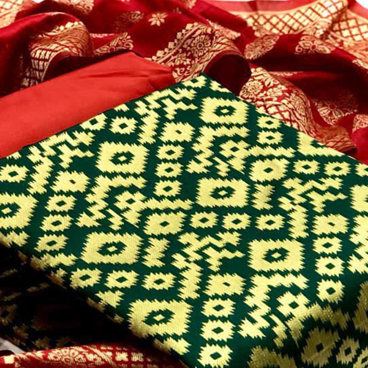 Innovative Green Colored Casual Wear Banarasi Silk Dress Material - Peachmode