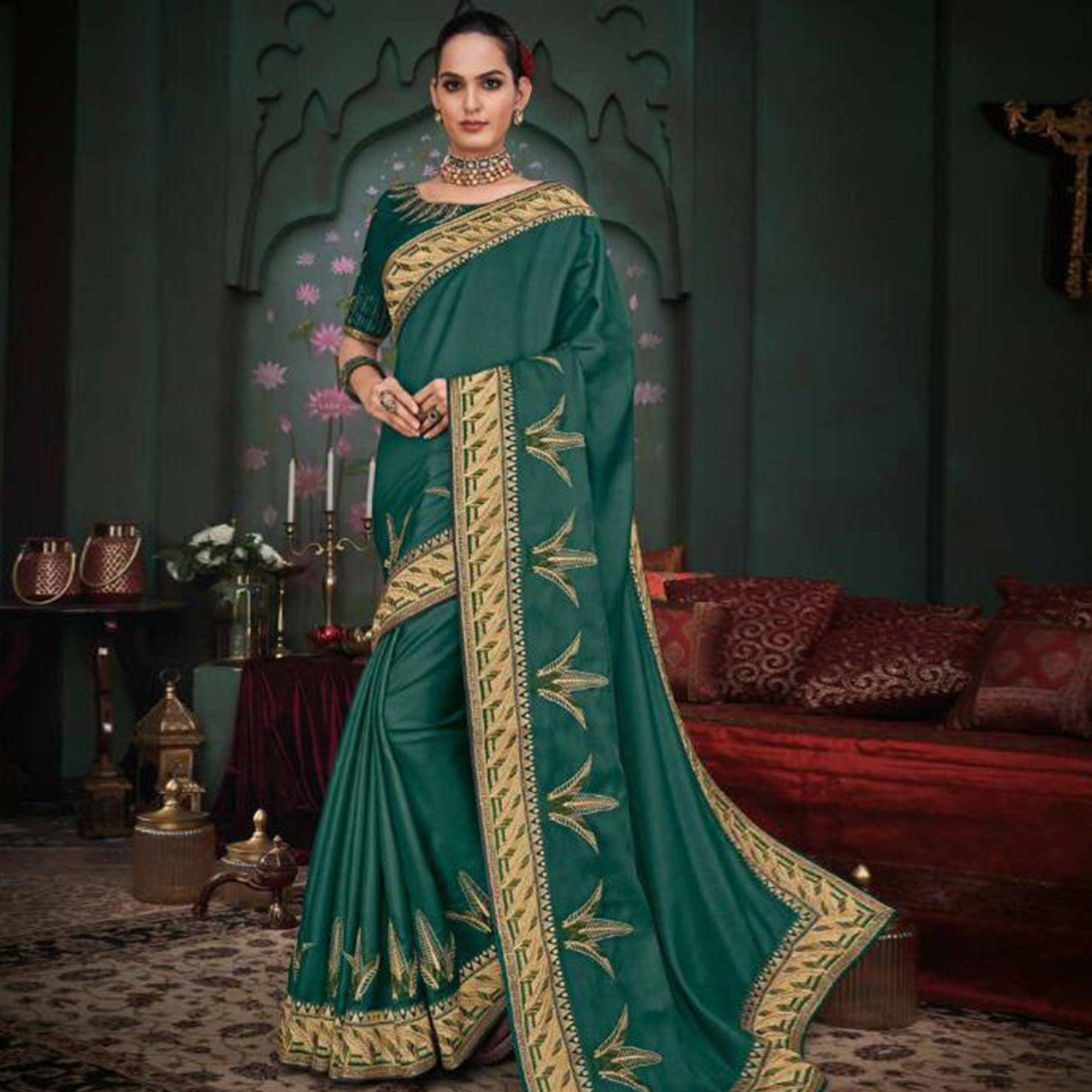 Innovative Green Colored Festive Wear Embroidered Heavy Border Silk Saree - Peachmode