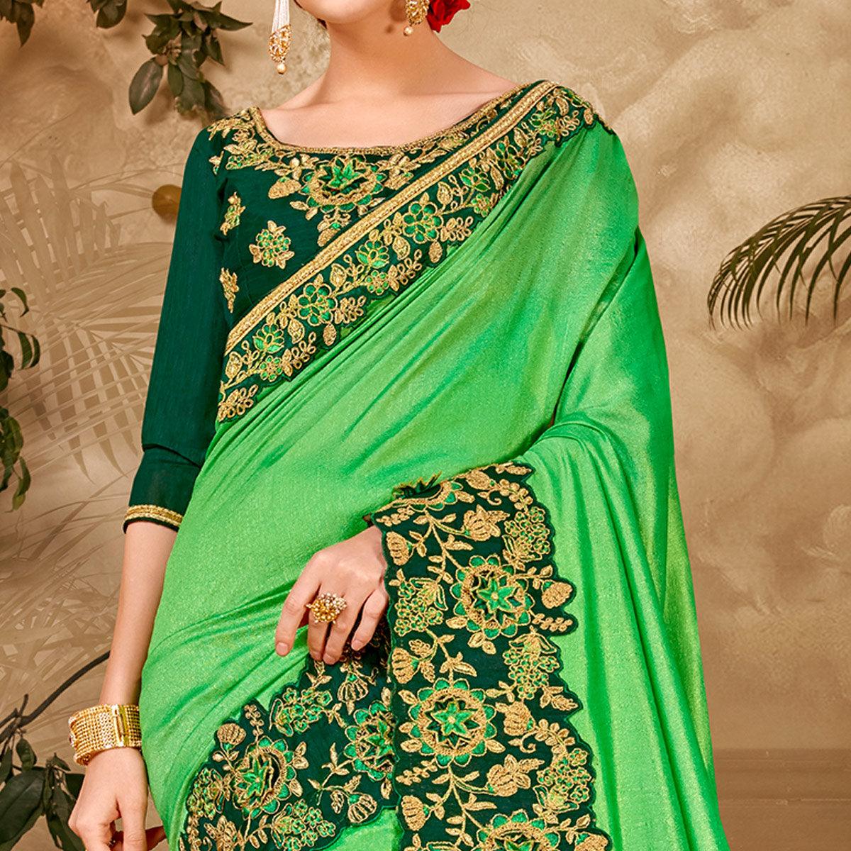 Innovative Green Colored Festive Wear Embroidered Vichitra Silk Saree - Peachmode