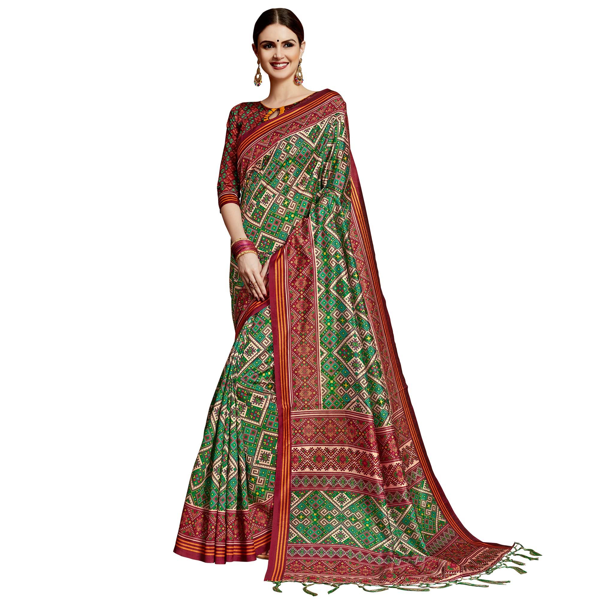 Innovative Green Colored Festive Wear Printed Silk Saree - Peachmode