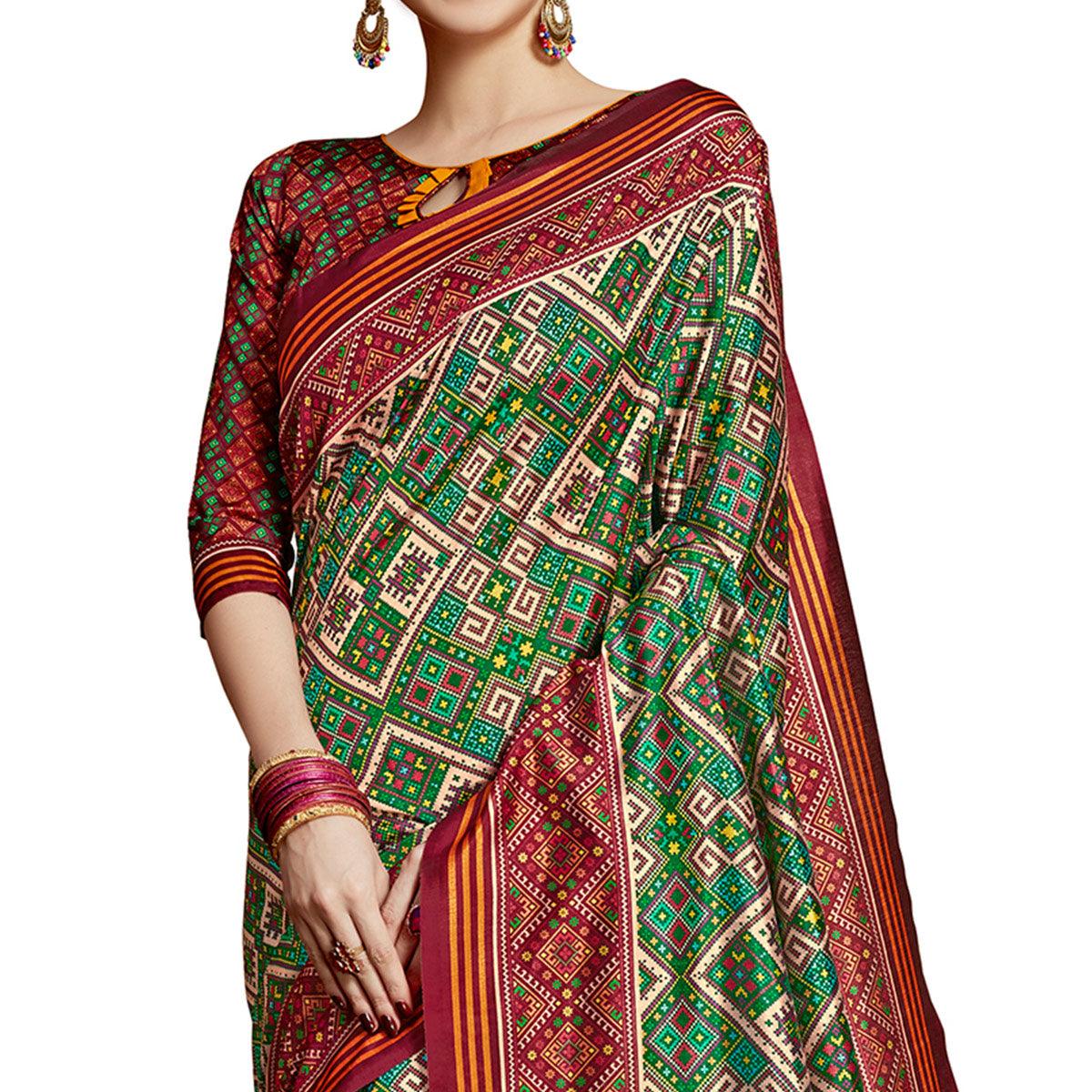Innovative Green Colored Festive Wear Printed Silk Saree - Peachmode