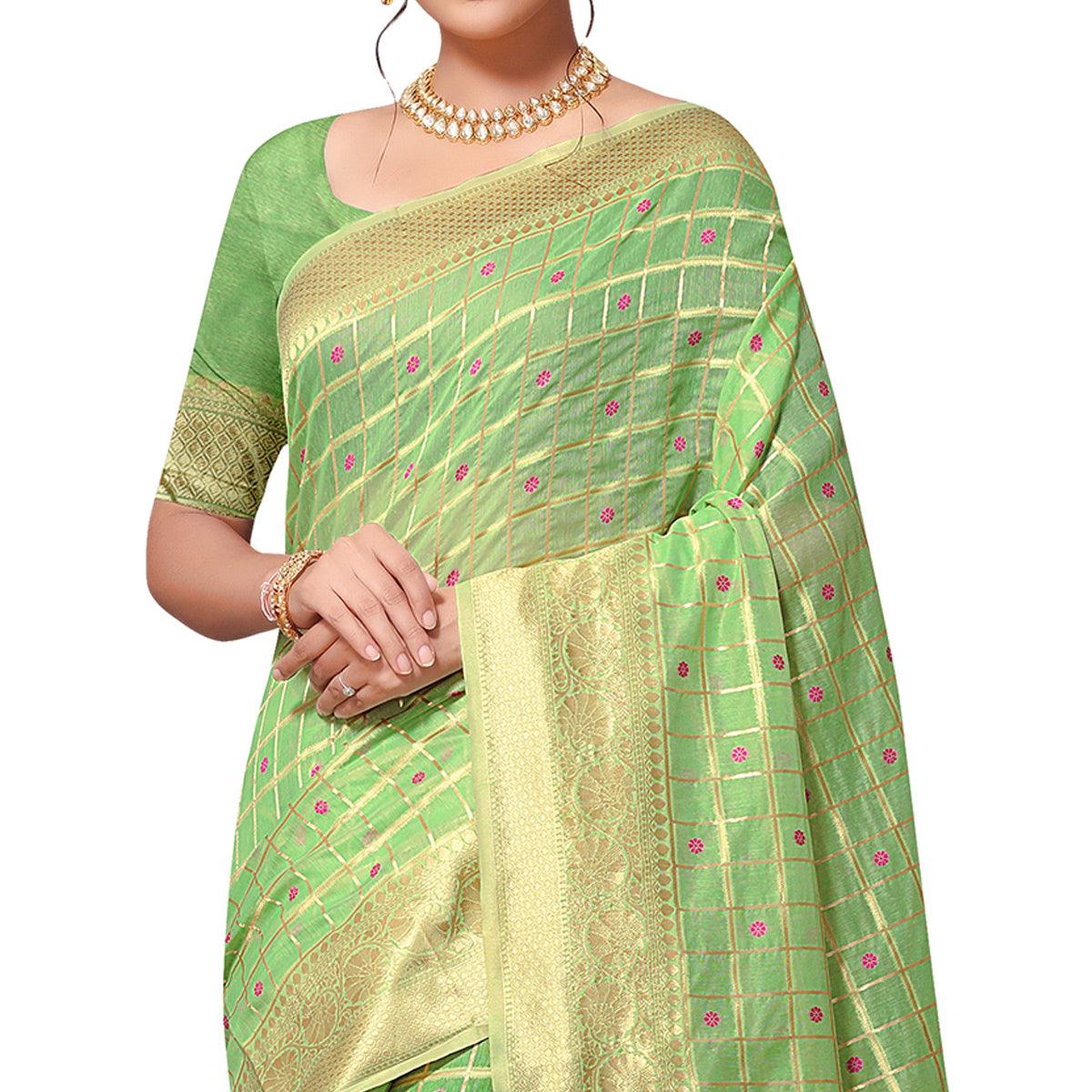 Innovative Green Colored Festive Wear Woven Cotton-Art Silk Saree - Peachmode
