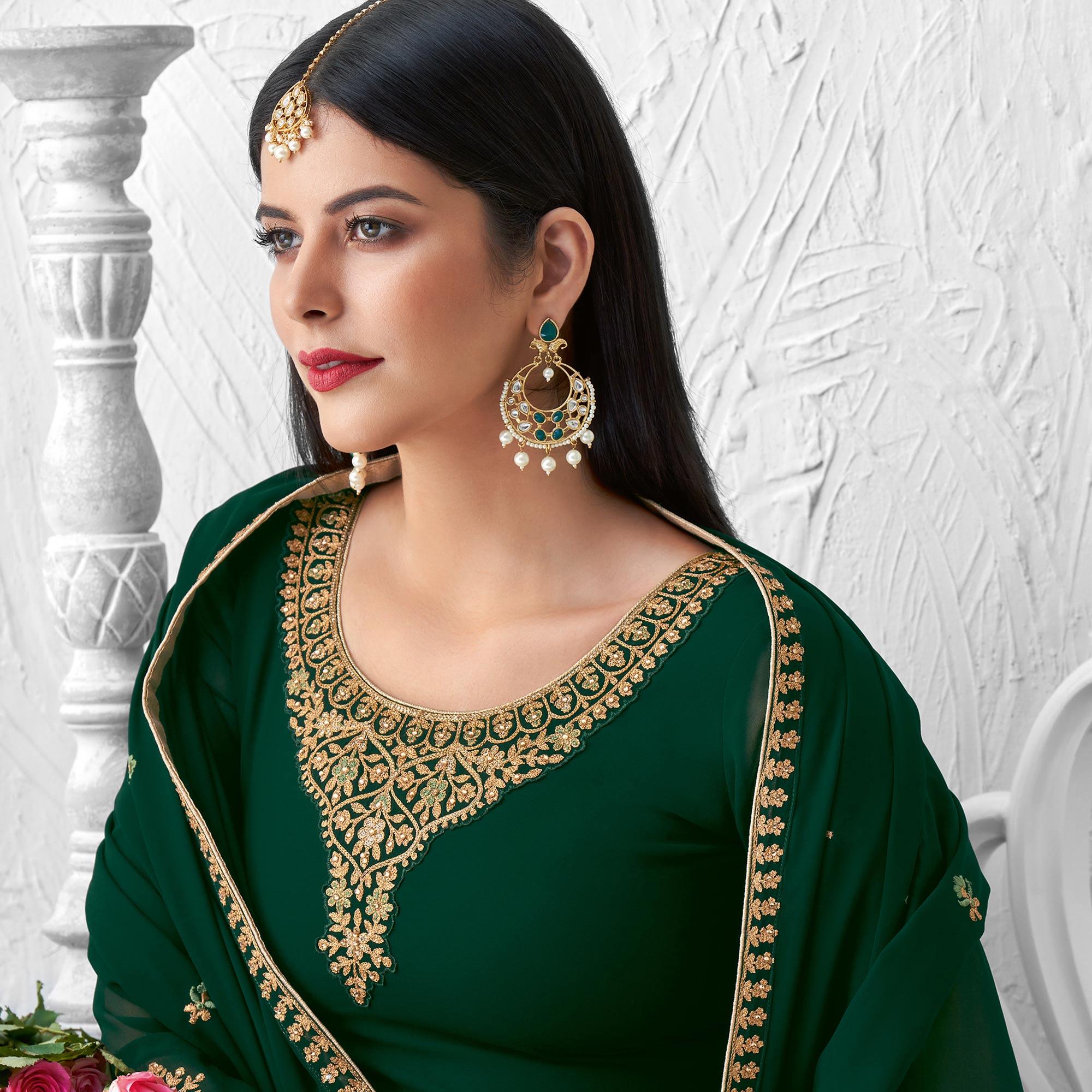 Innovative Green Colored Partywear Designer Embroidery Heavy real georgette Salwar Suit - Peachmode