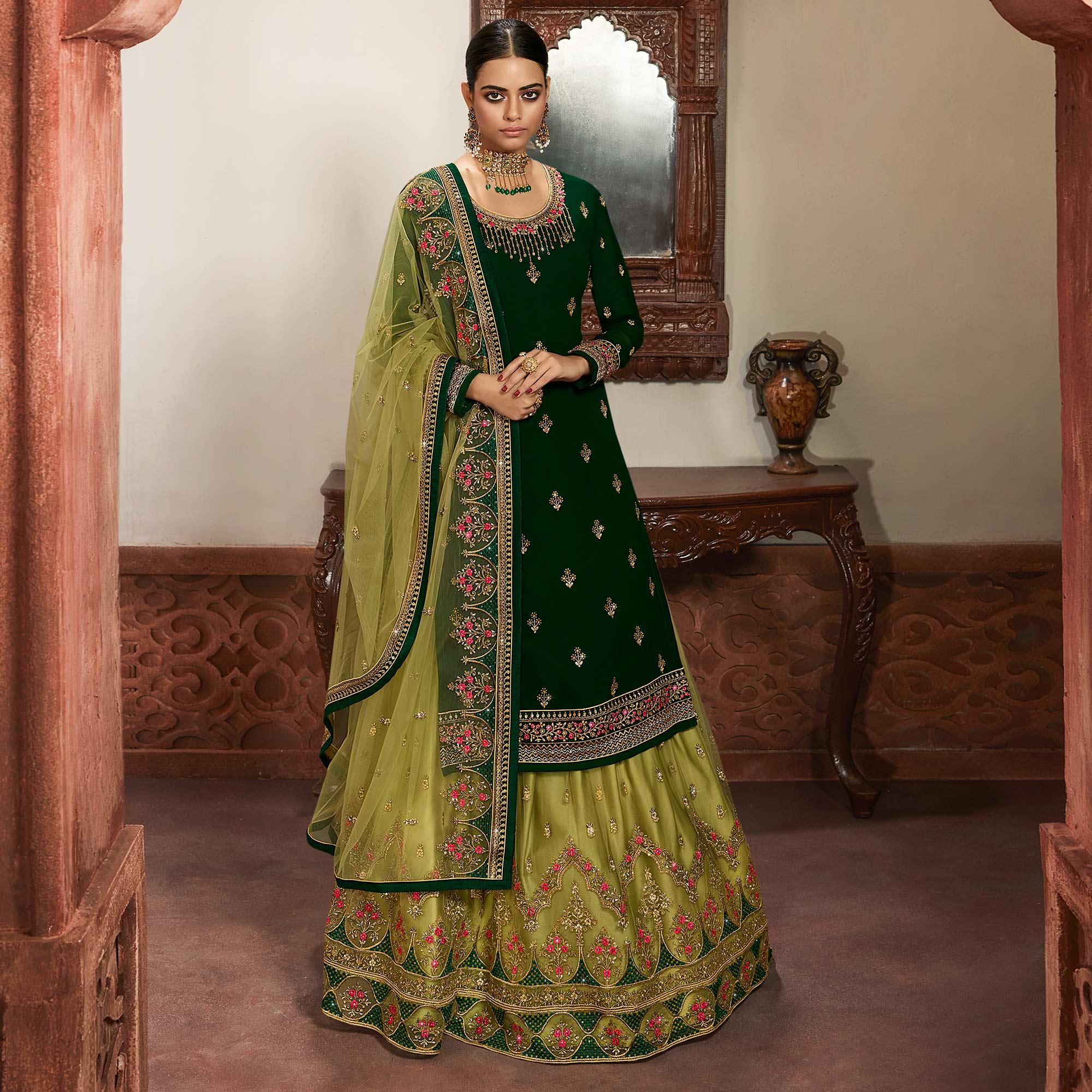 Innovative Green Coloured Partywear Embroidered Faux Georgette Sharara Style Salwar Suit - Peachmode