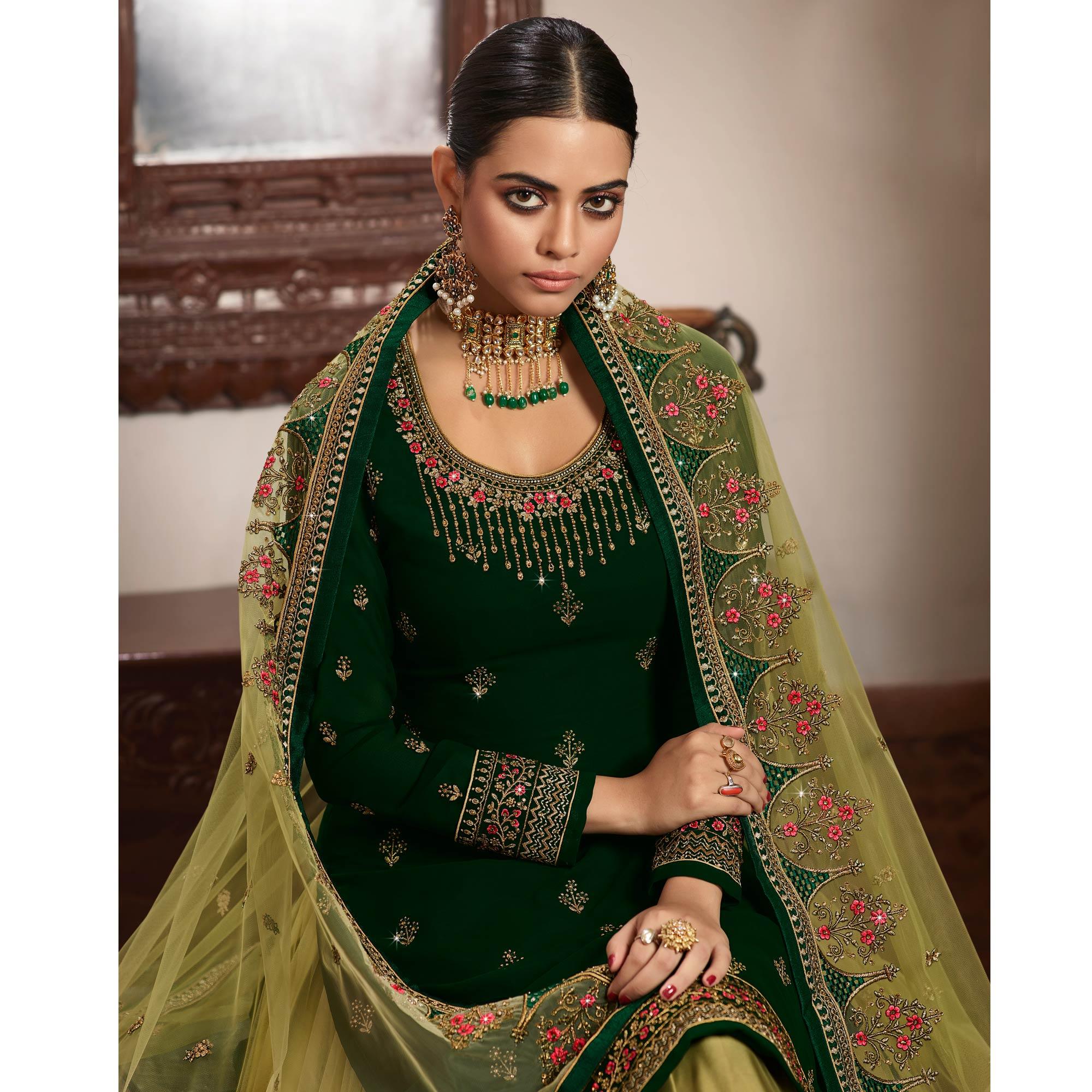 Innovative Green Coloured Partywear Embroidered Faux Georgette Sharara Style Salwar Suit - Peachmode