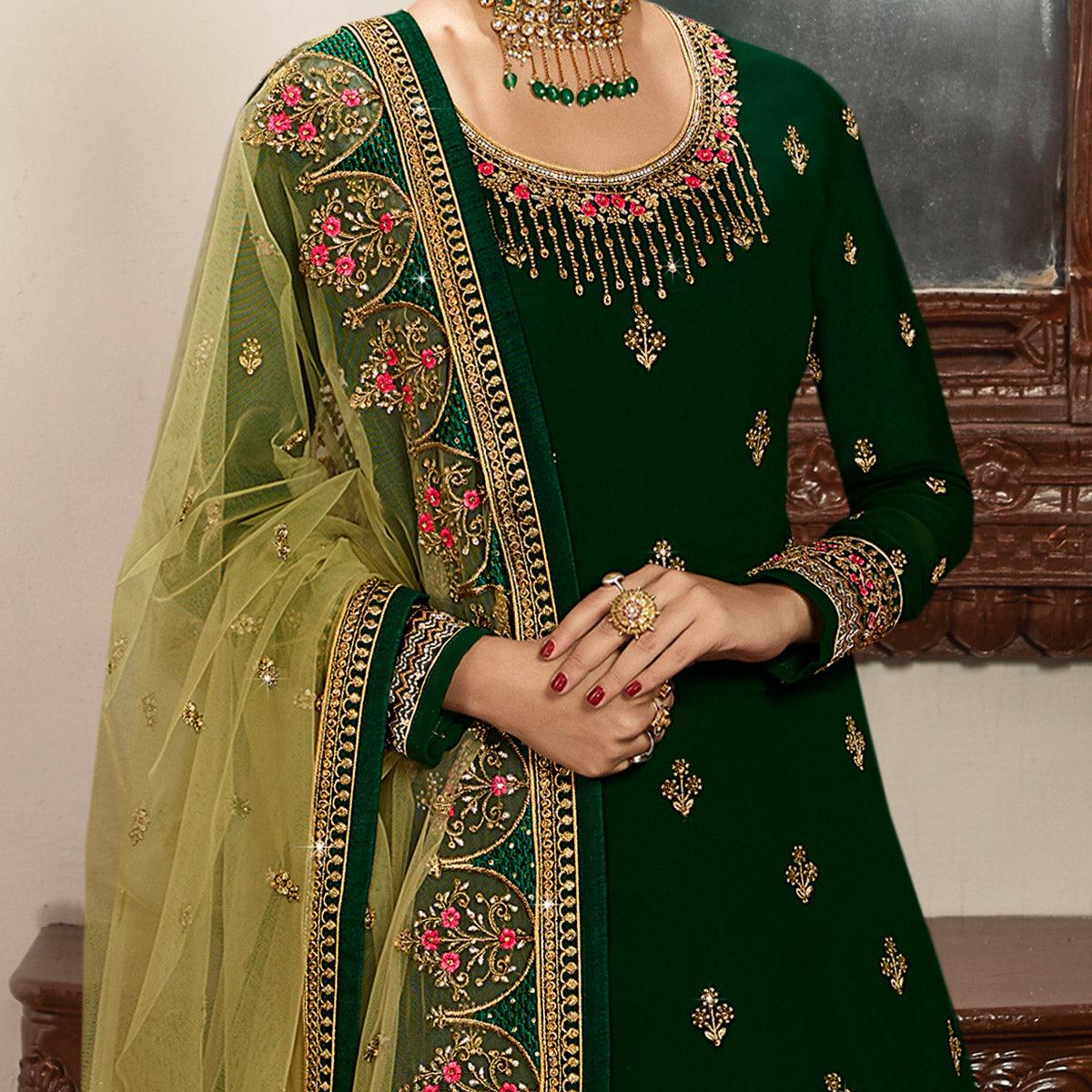 Innovative Green Coloured Partywear Embroidered Faux Georgette Sharara Style Salwar Suit - Peachmode