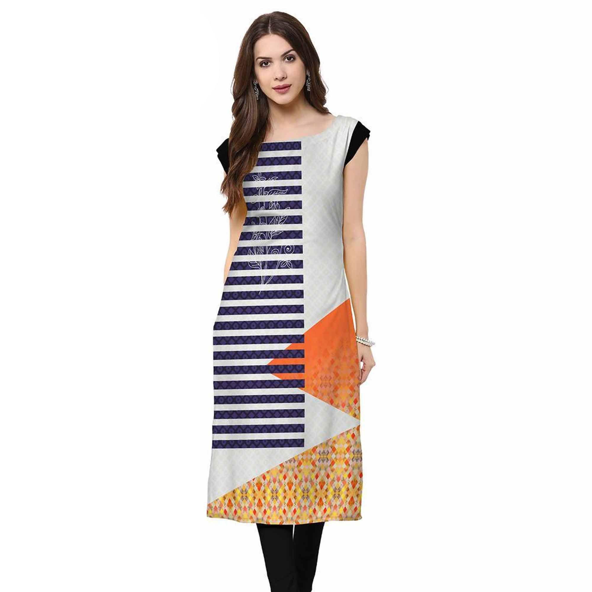 Innovative Grey-Blue Colored Casual Printed Crepe Kurti - Peachmode